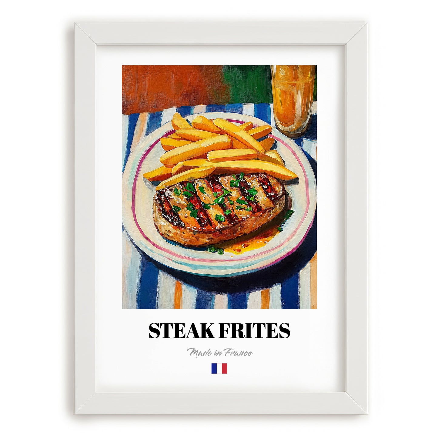 Steak Frites – Oil Painting, French Food Illustration, placed in minimal white frame
