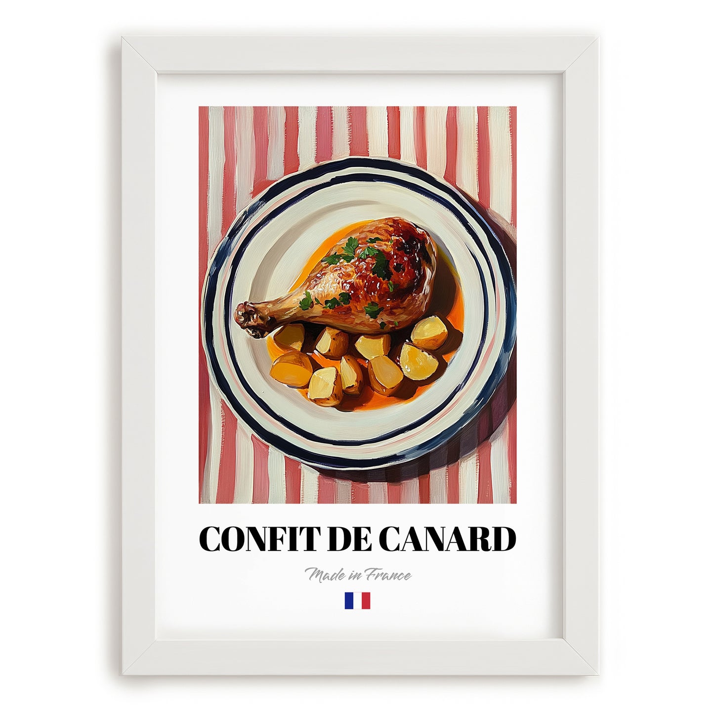Confit de Canard – on Striped Tablecloth, French Food Illustration, placed in minimal white frame