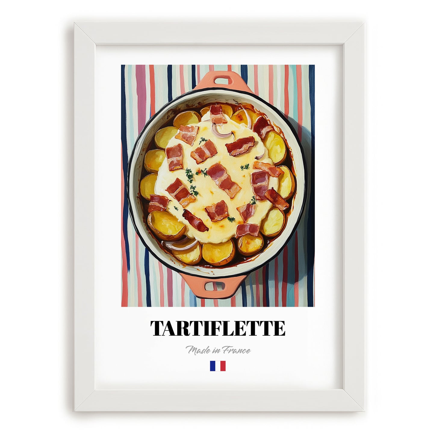 Tartiflette – on Striped Tablecloth, French Food Wall Decor, placed in minimal white frame