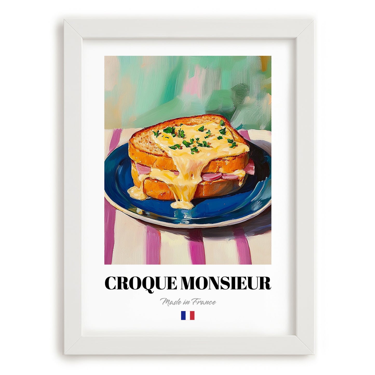 Croque Monsieur – Oil Painting, French Food Wall Illustration, placed in minimal white frame