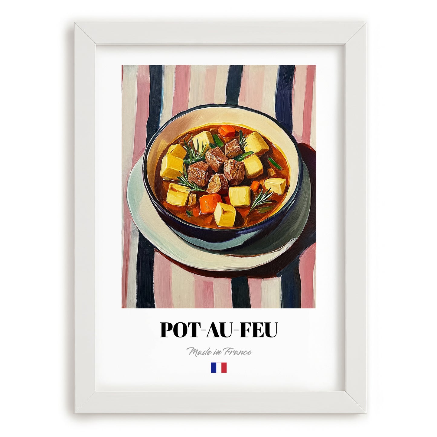 Pot-au-feu – on Striped Tablecloth, French Food Painting, placed in minimal white frame