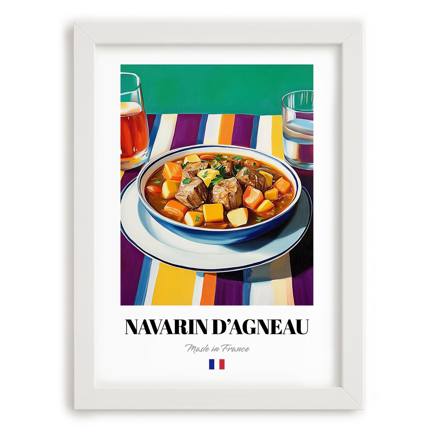 Navarin d’Agneau – Colorful Oil Painting, French Food Poster, placed in minimal white frame