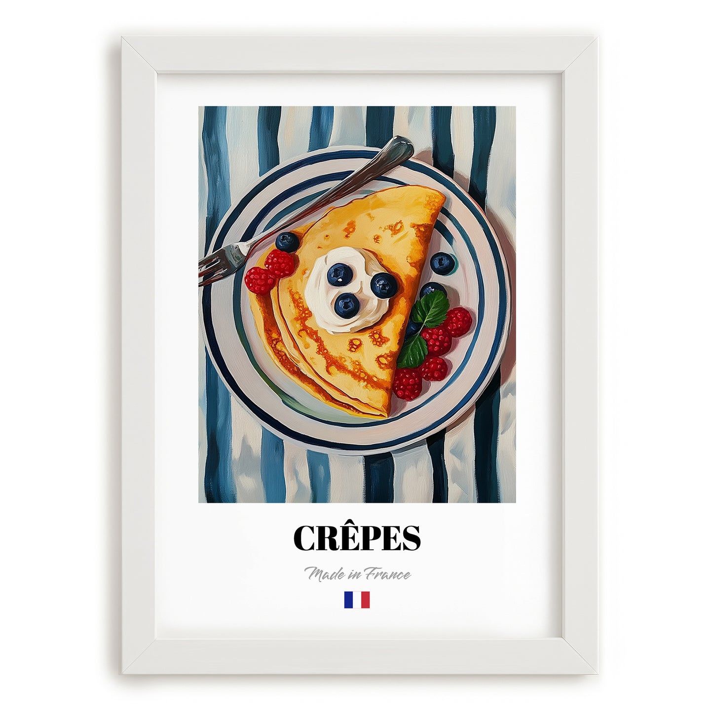 Crêpes – on Striped Tablecloth, French French Pastry Still Life, placed in minimal white frame