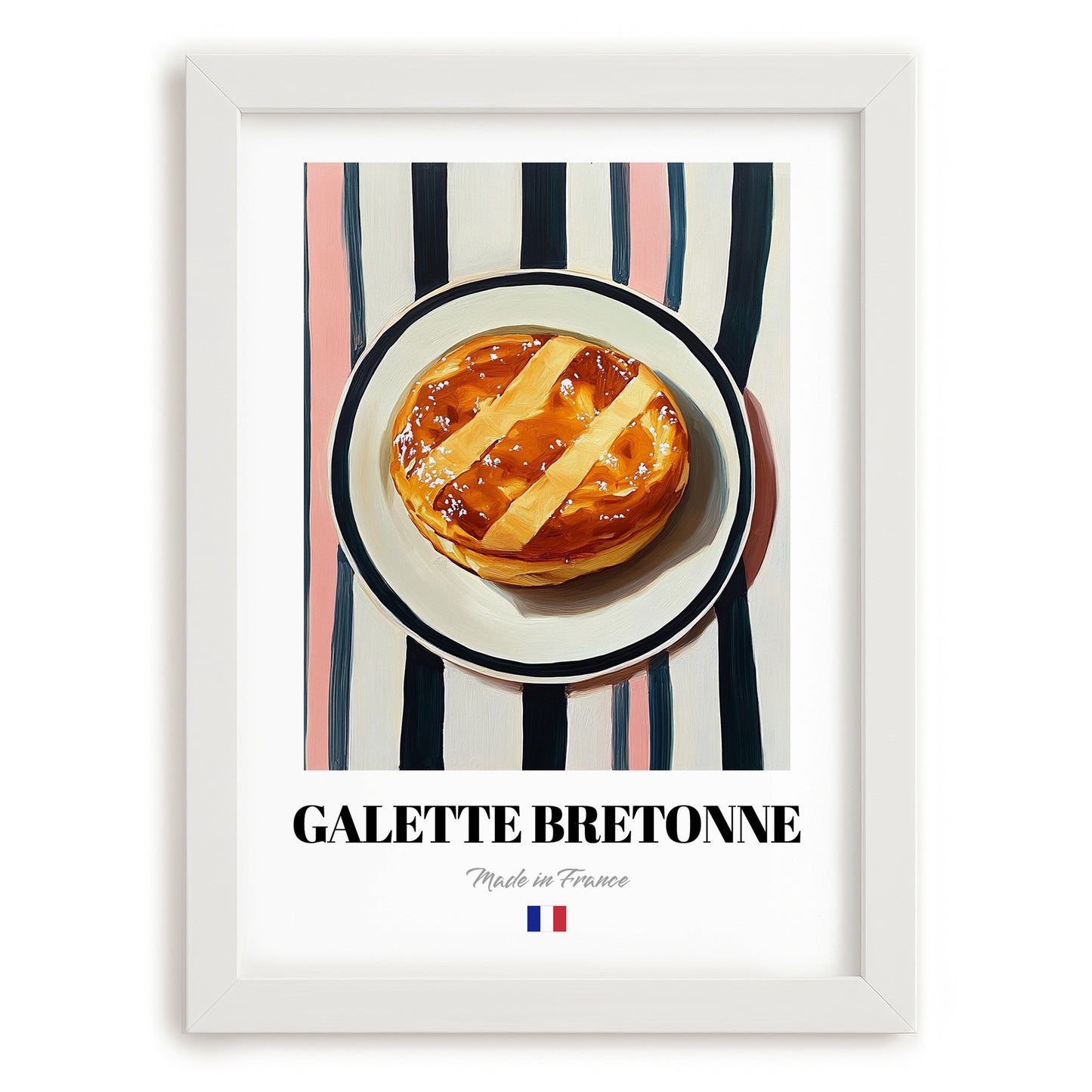 Galette Bretonne – on Striped Tablecloth, French Pastry Illustration, placed in minimal white frame