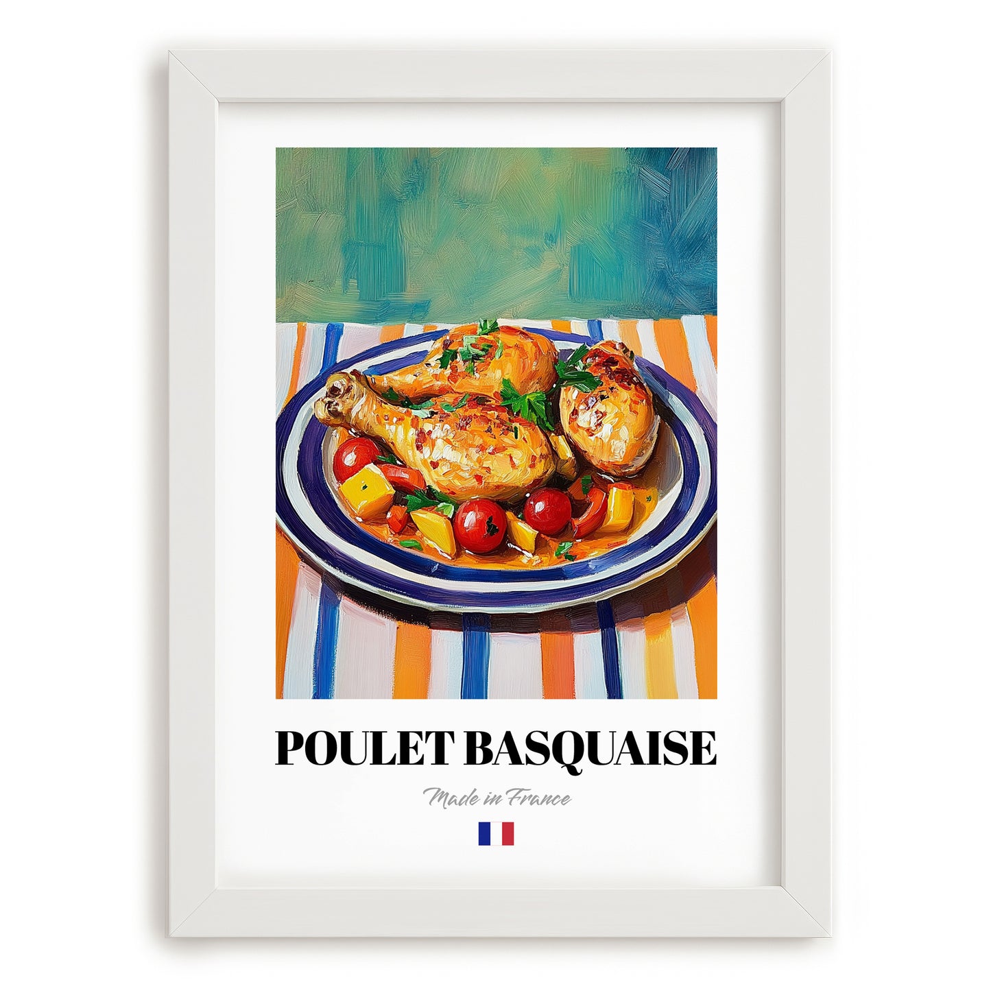 Poulet Basquaise – Oil Painting, French Food Wall Art, placed in minimal white frame
