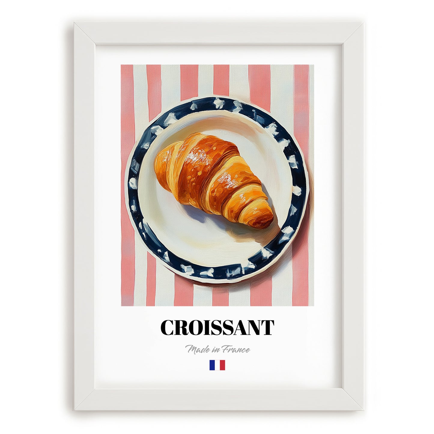 Croissant – on Striped Tablecloth, French French Pastry Wall Art, placed in minimal white frame