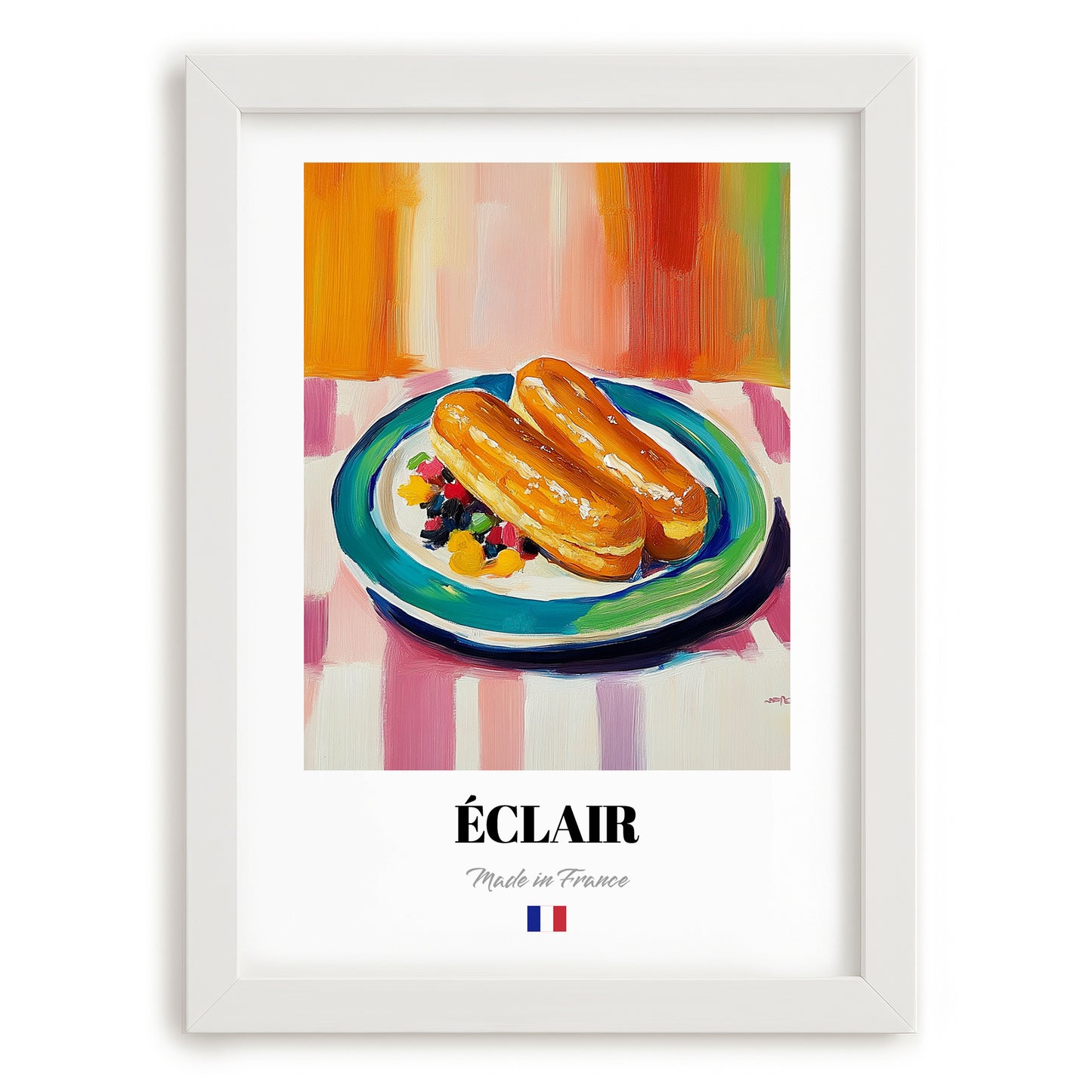 Éclair – Colorful Oil Painting, French French Pastry Print, placed in minimal white frame