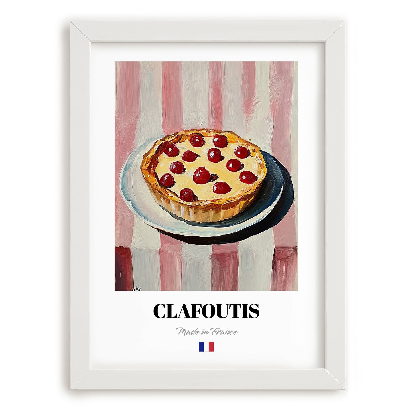 Clafoutis – on Striped Tablecloth, French French Dessert Illustration, placed in minimal white frame