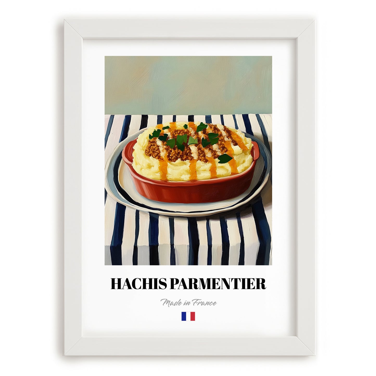 Hachis Parmentier – on Striped Tablecloth, French Food Illustration, placed in minimal white frame