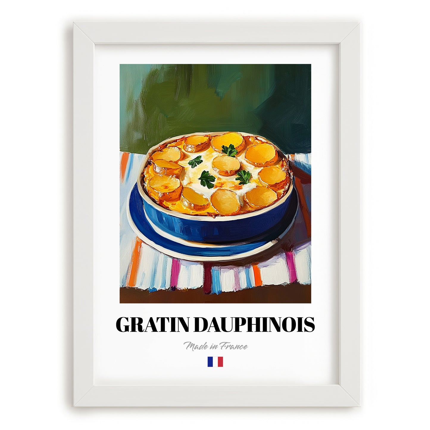 Gratin Dauphinois – on Striped Tablecloth, French Food Illustration, placed in minimal white frame