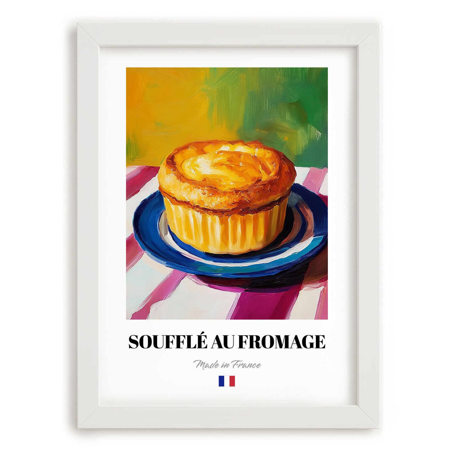 Soufflé au Fromage – Art, French Food Painting, placed in minimal white frame