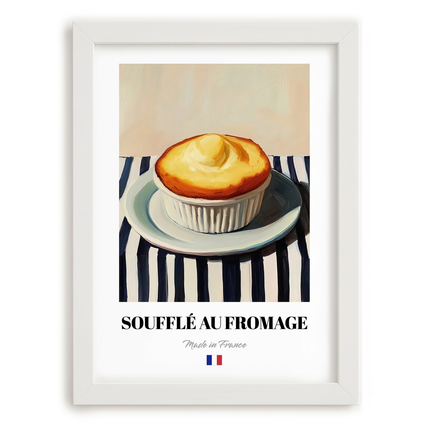Soufflé au Fromage – on Striped Tablecloth, French Food Wall Print, placed in minimal white frame