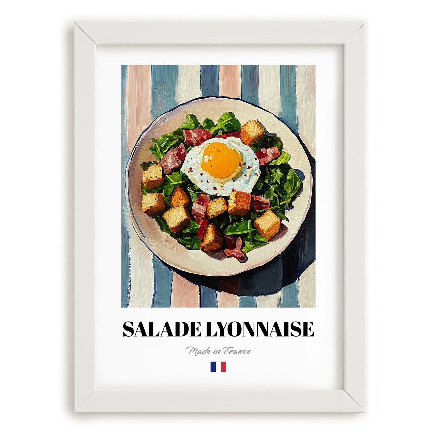 Salade Lyonnaise – on Striped Tablecloth, French Food Still Life, placed in minimal white frame