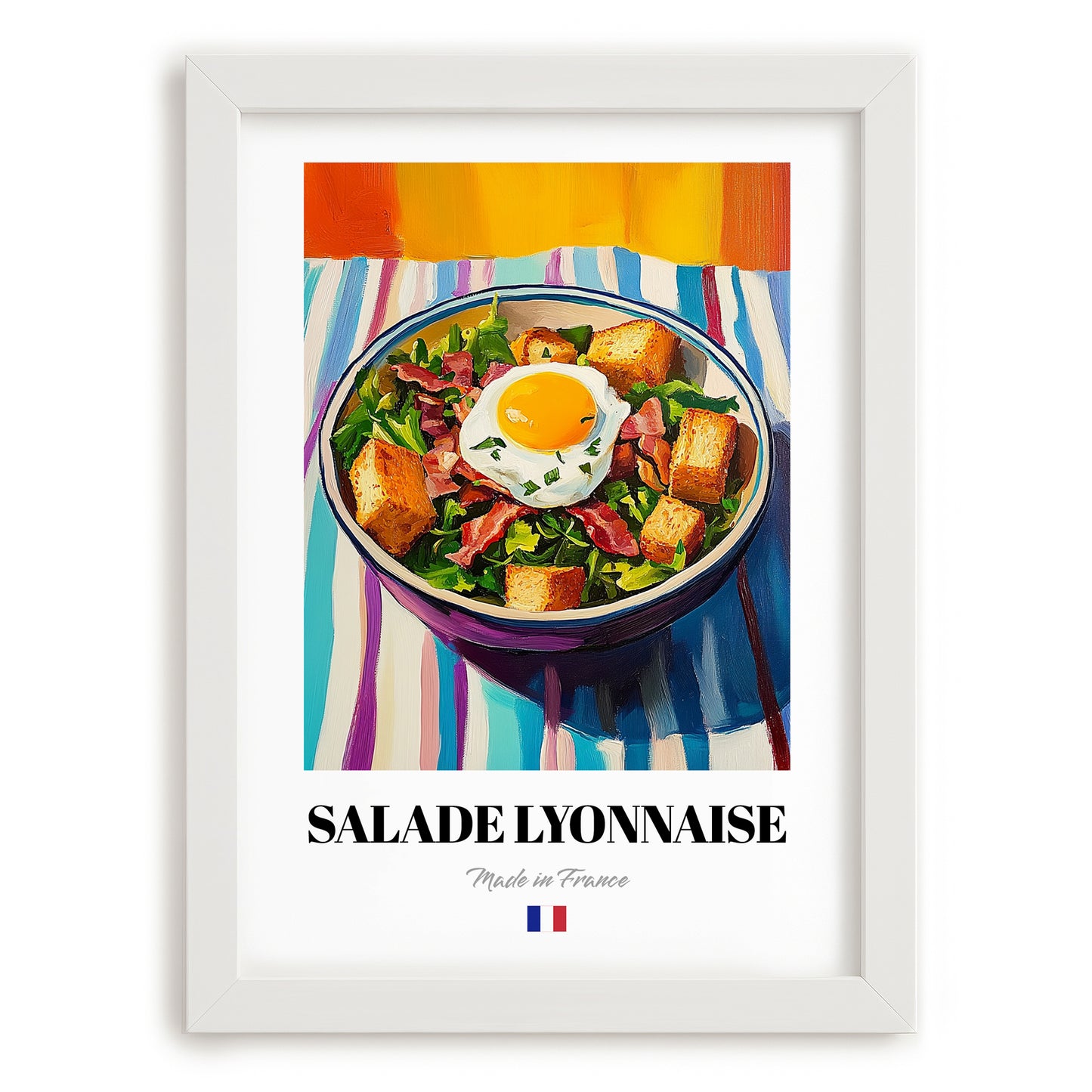 Salade Lyonnaise – Colorful Oil Painting, French Food Wall Illustration, placed in minimal white frame