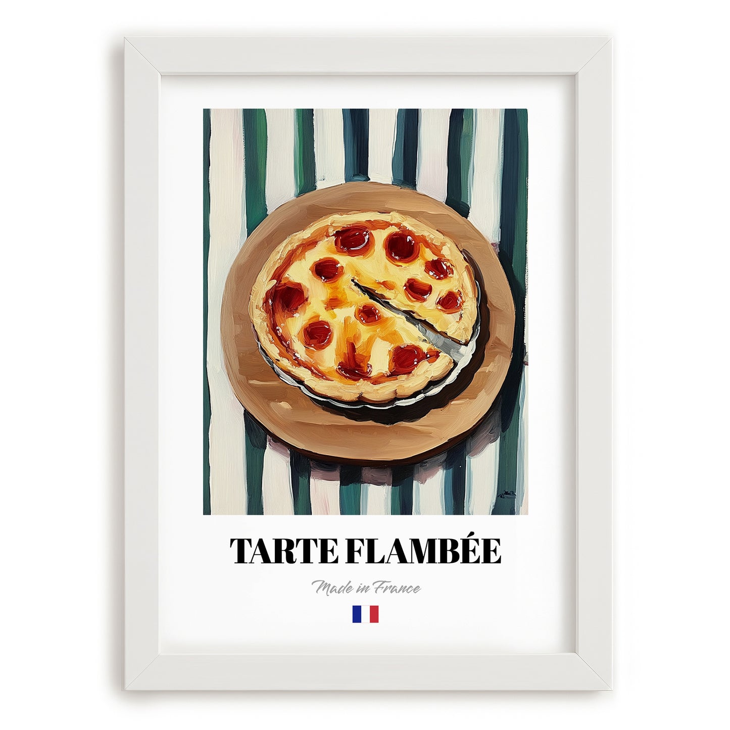 Tarte Flambée – on Striped Tablecloth, French Pastry Painting, placed in minimal white frame