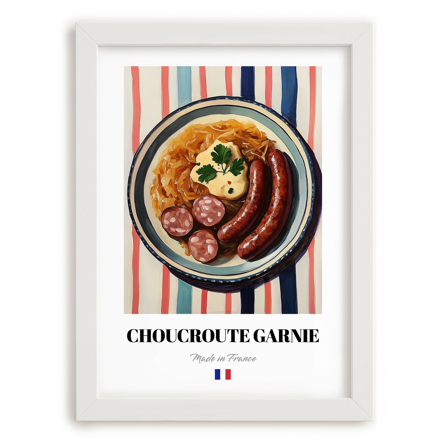 Choucroute Garnie – on Striped Tablecloth, French Food Wall Decor, placed in minimal white frame