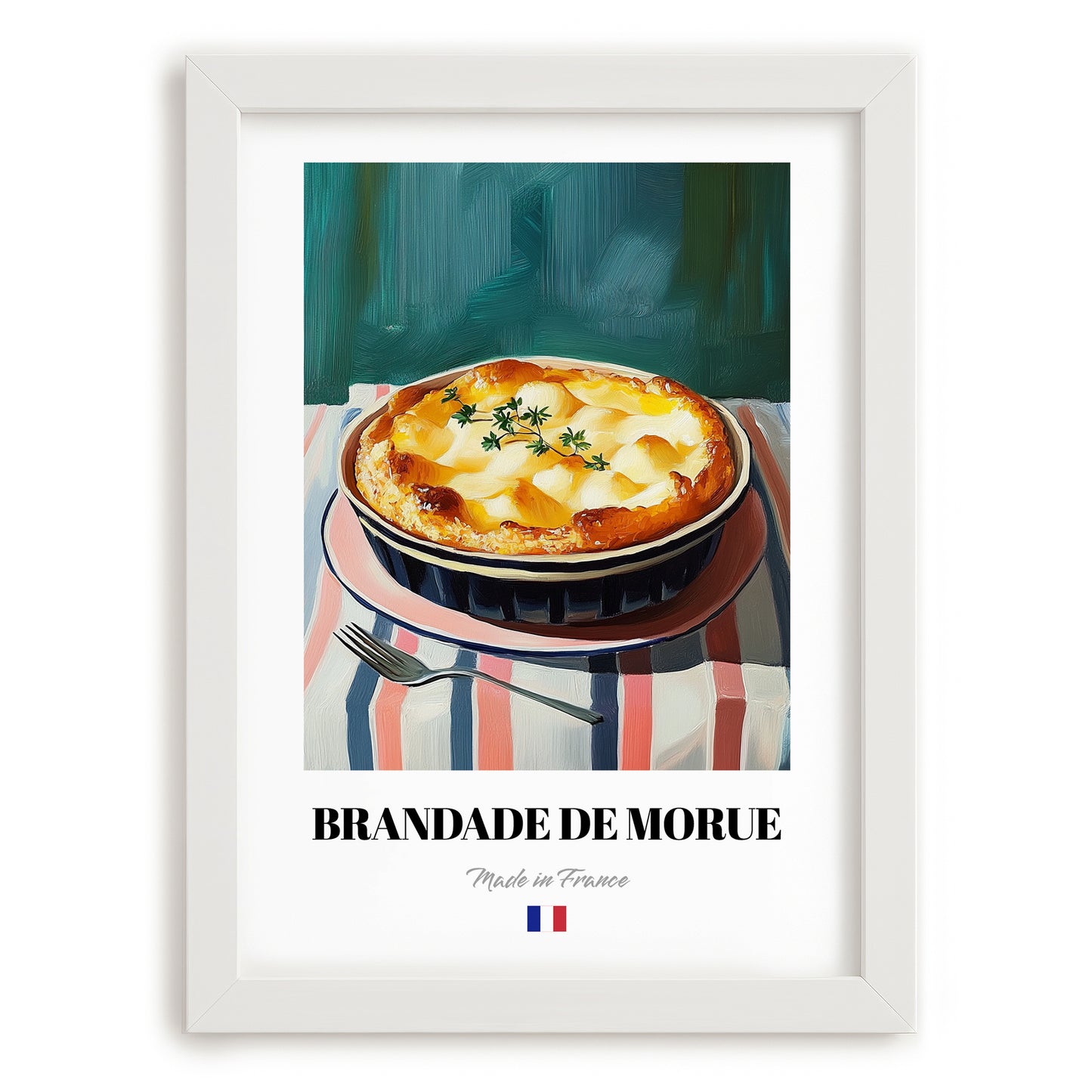 Brandade de Morue – on Striped Tablecloth, French Food Painting, placed in minimal white frame