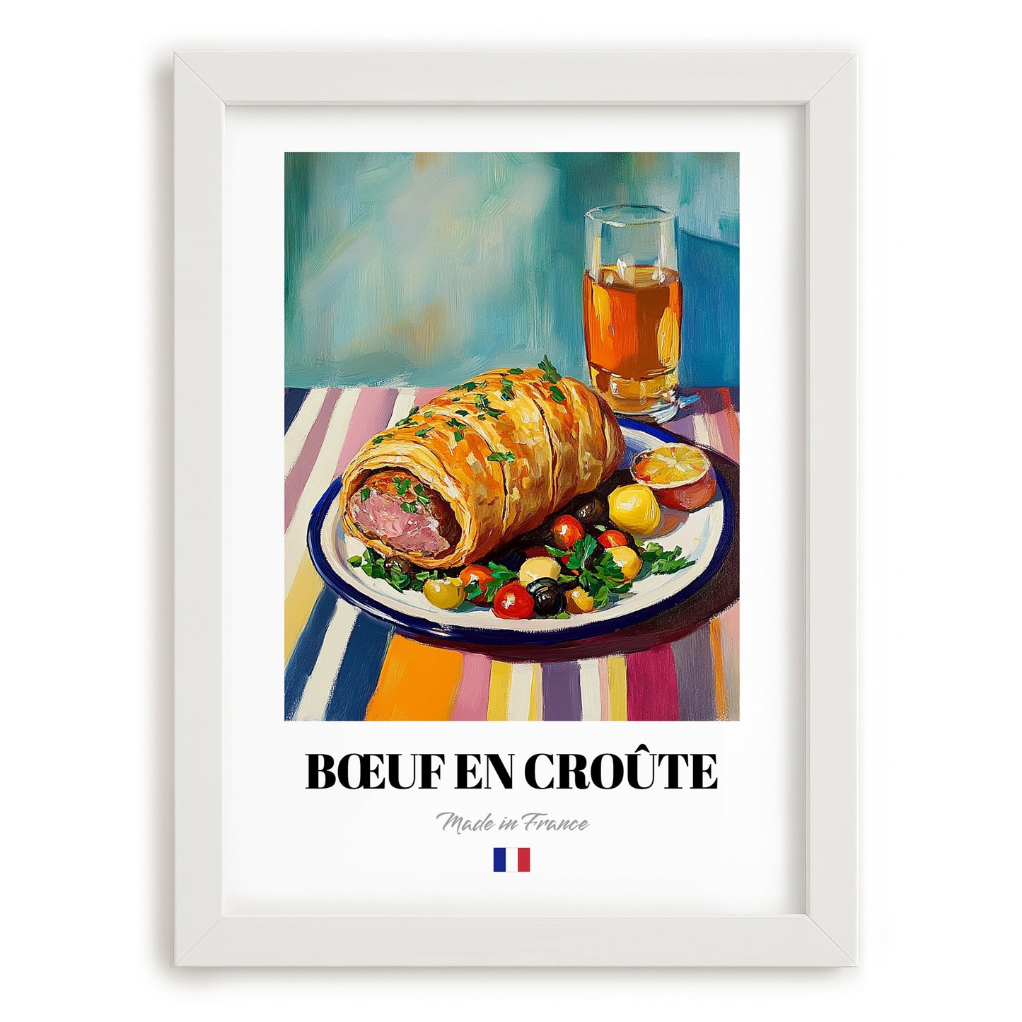 Bœuf en Croûte – Art, French Food Still Life, placed in minimal white frame