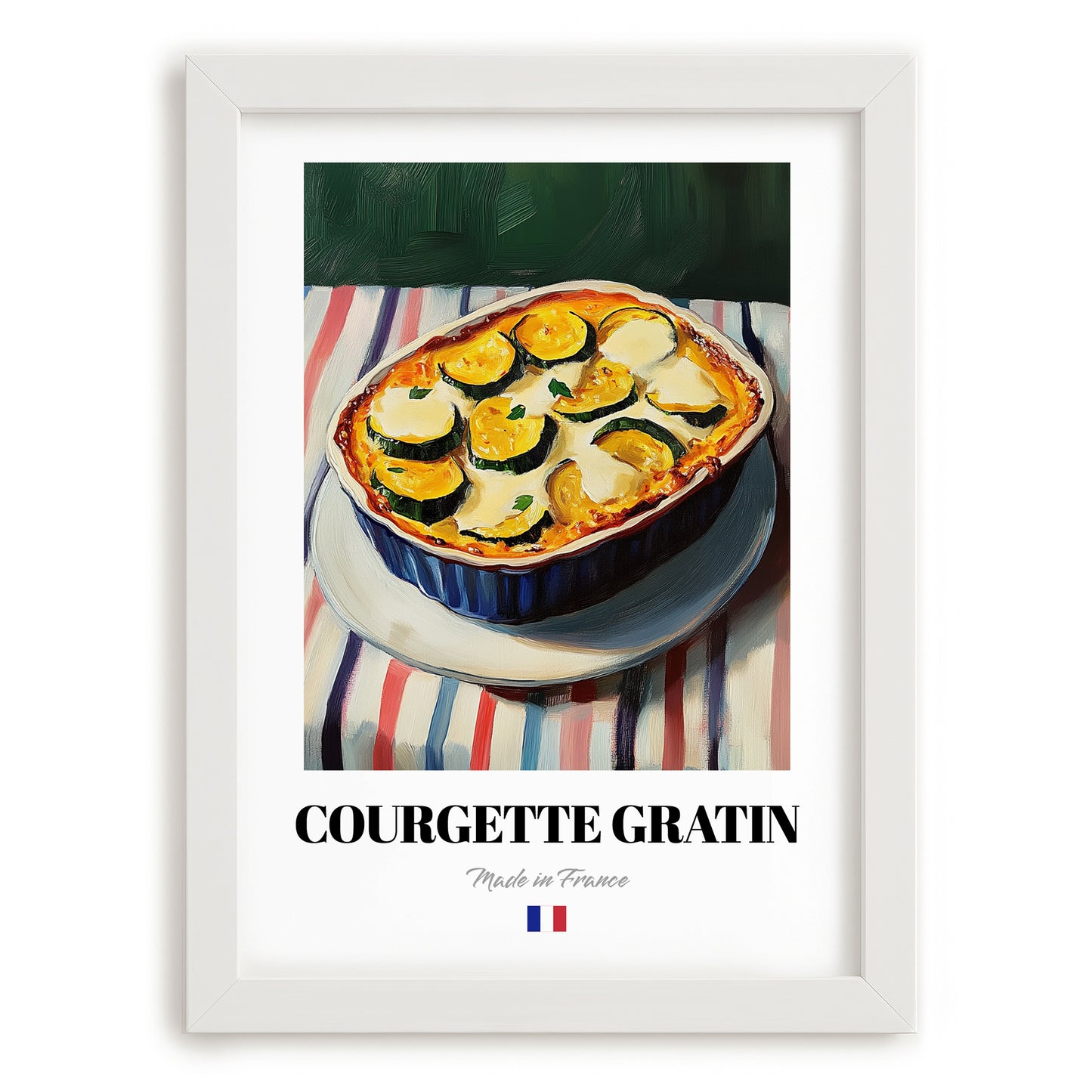 Courgette Gratin – on Striped Tablecloth, French Food Poster, placed in minimal white frame