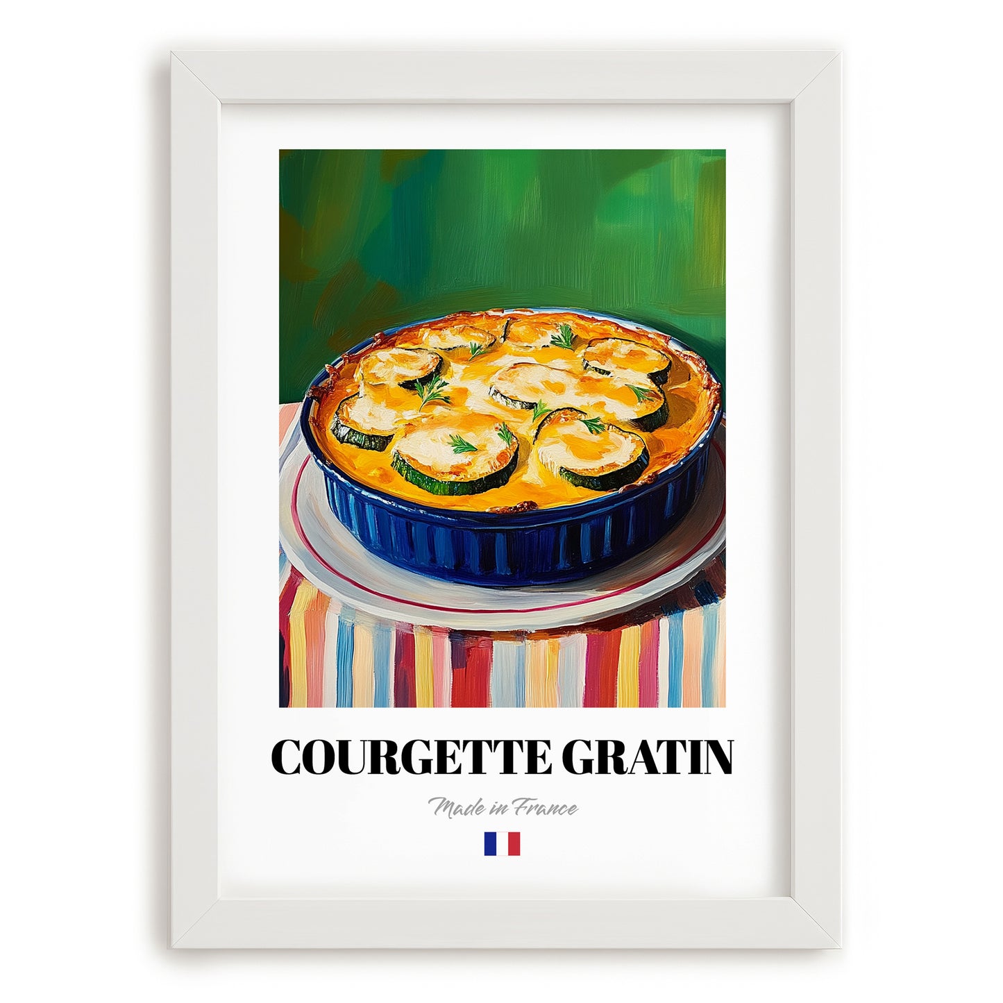 Courgette Gratin – Colorful Oil Painting, French Food Illustration, placed in minimal white frame