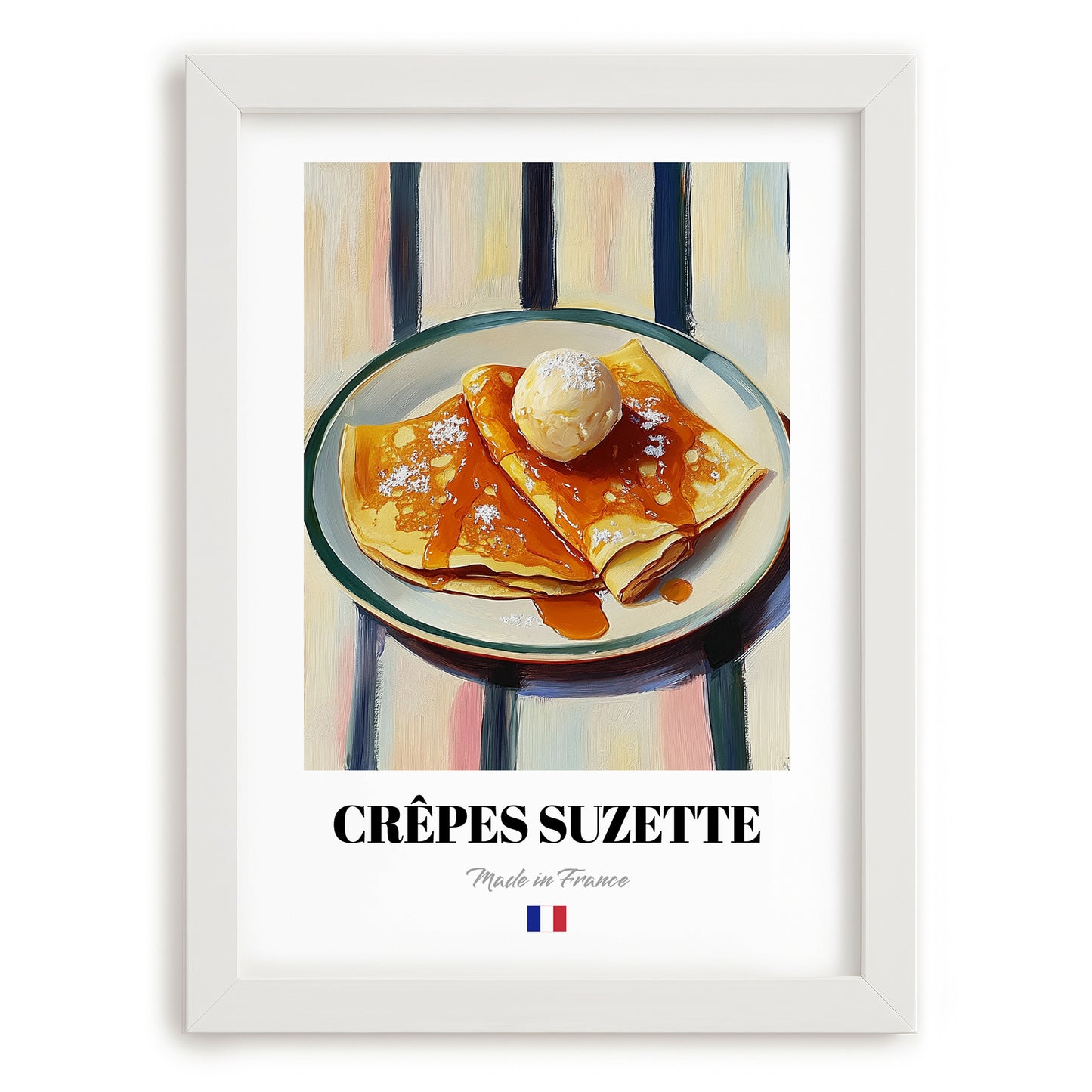 Crêpes Suzette – on Striped Tablecloth, French French Dessert Wall Decor, placed in minimal white frame