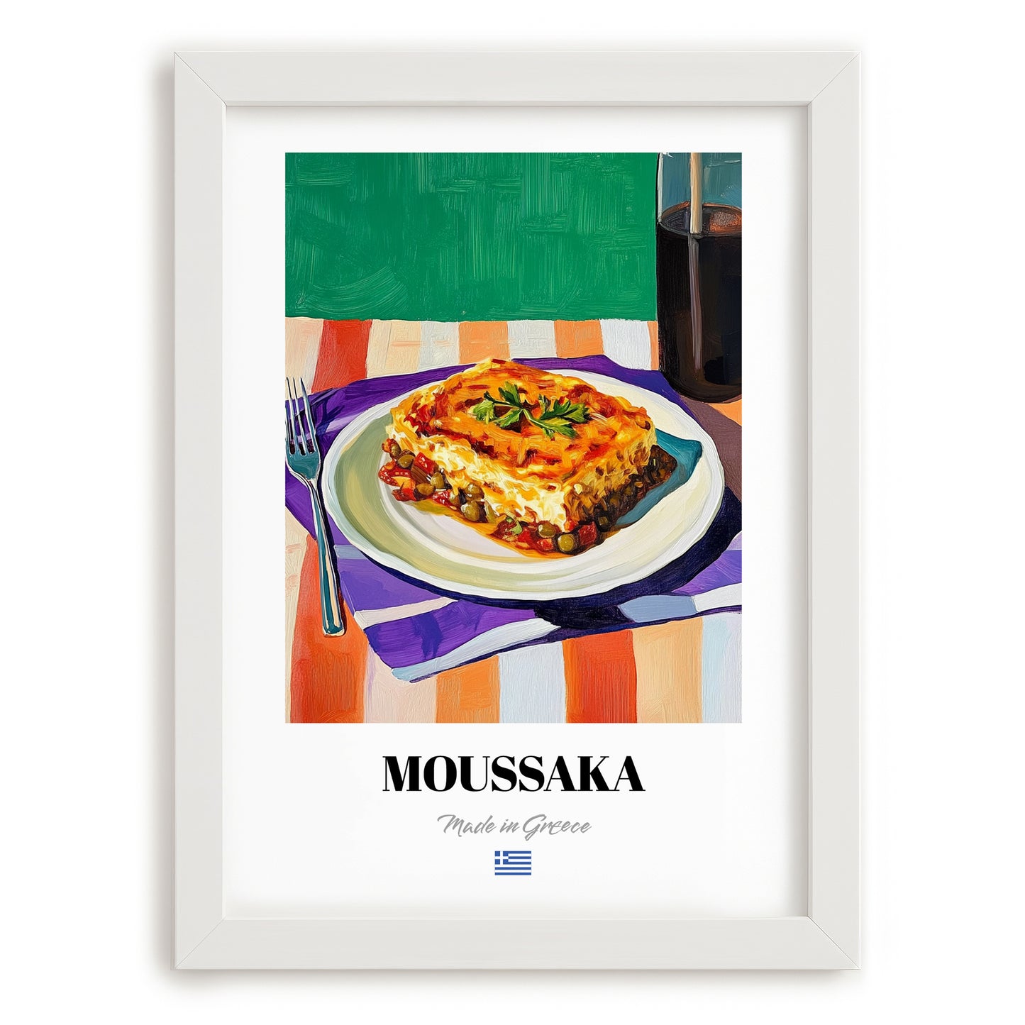 Moussaka – Oil Painting, Greek Food Painting, placed in minimal white frame