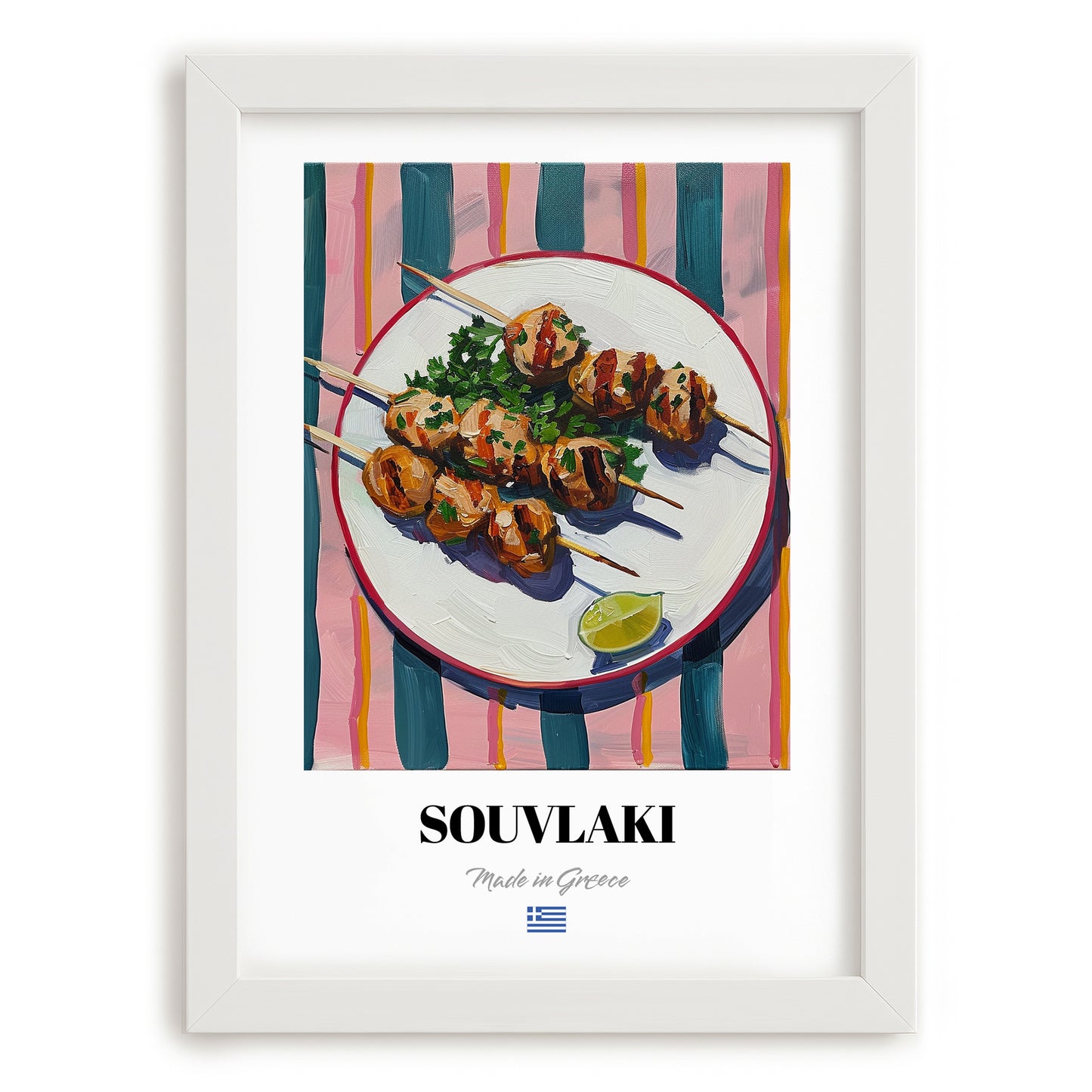 Souvlaki – on Striped Tablecloth, Greek Food Wall Decor, placed in minimal white frame