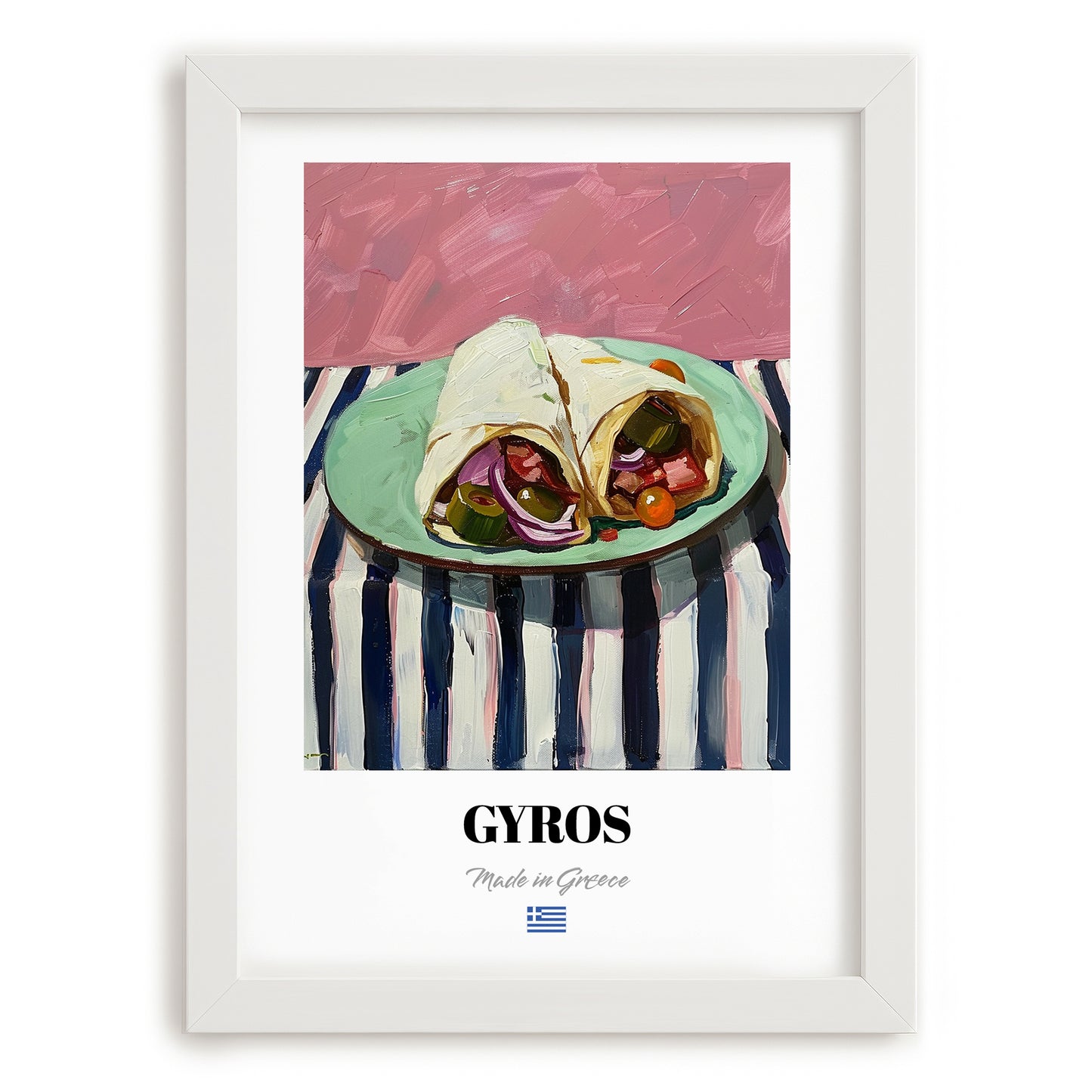 Gyros – on Striped Tablecloth, Greek Food Painting, placed in minimal white frame
