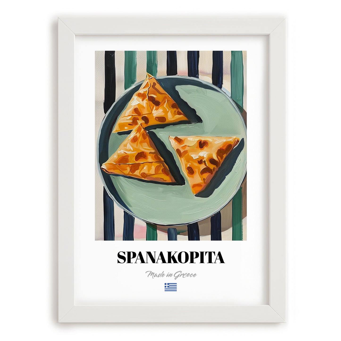 Spanakopita – on Striped Tablecloth, Greek Pastry Still Life, placed in minimal white frame