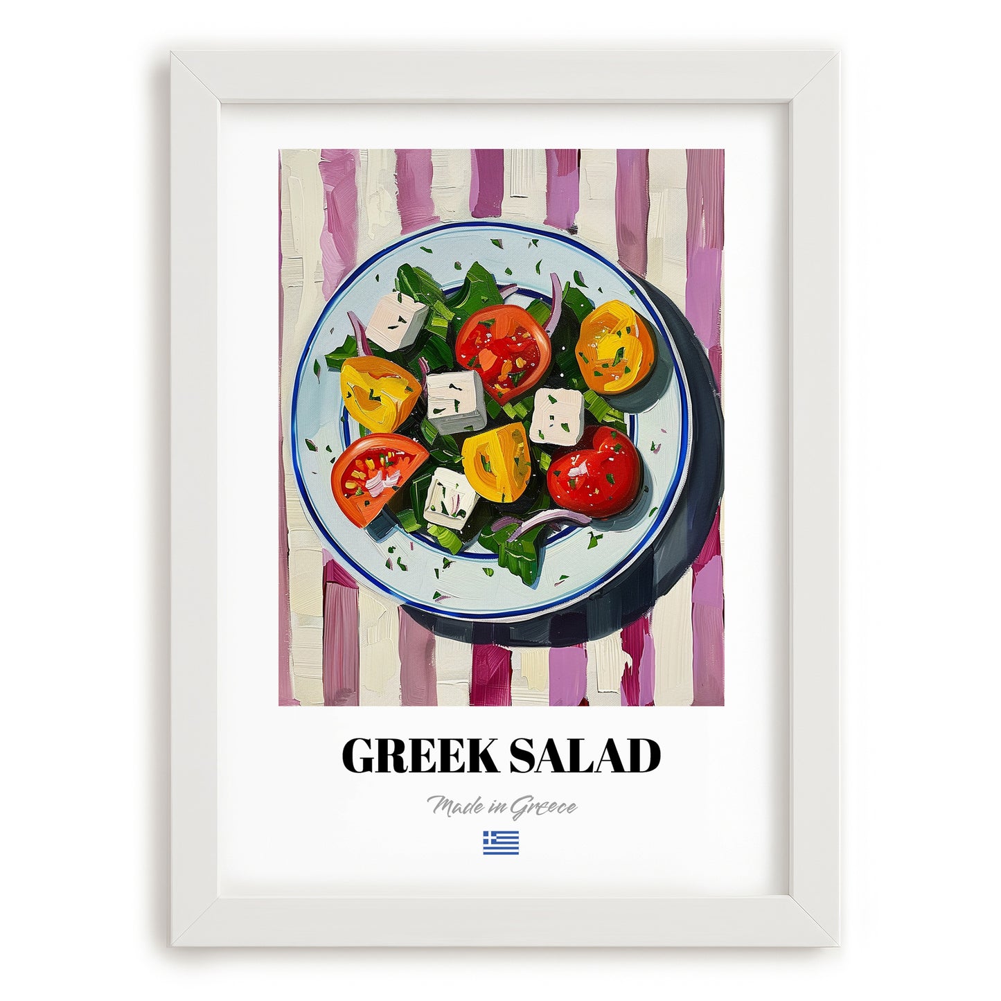 Greek Salad – on Striped Tablecloth, Greek Food Wall Decor, placed in minimal white frame