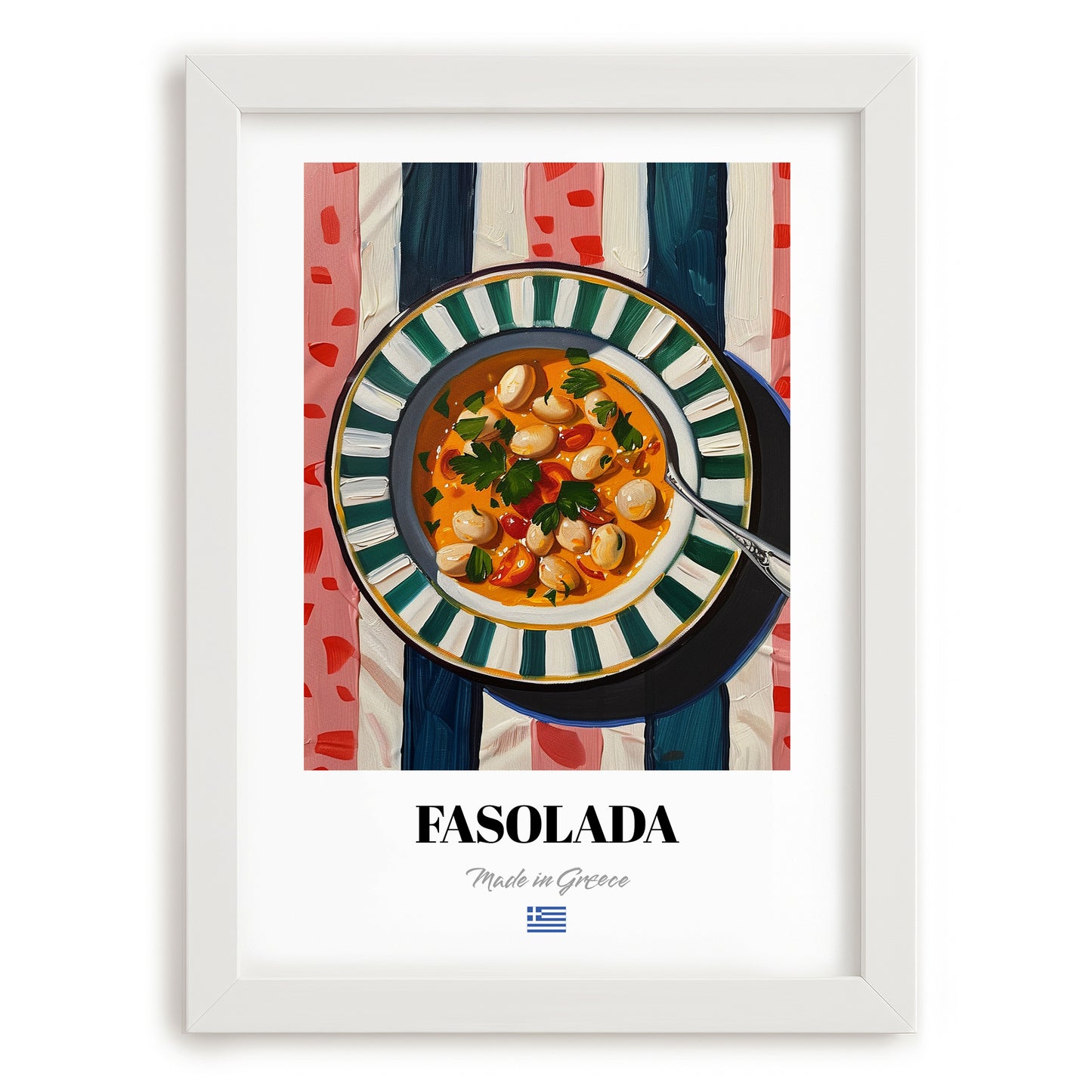 Fasolada – on Striped Tablecloth, Greek Food Poster, placed in minimal white frame