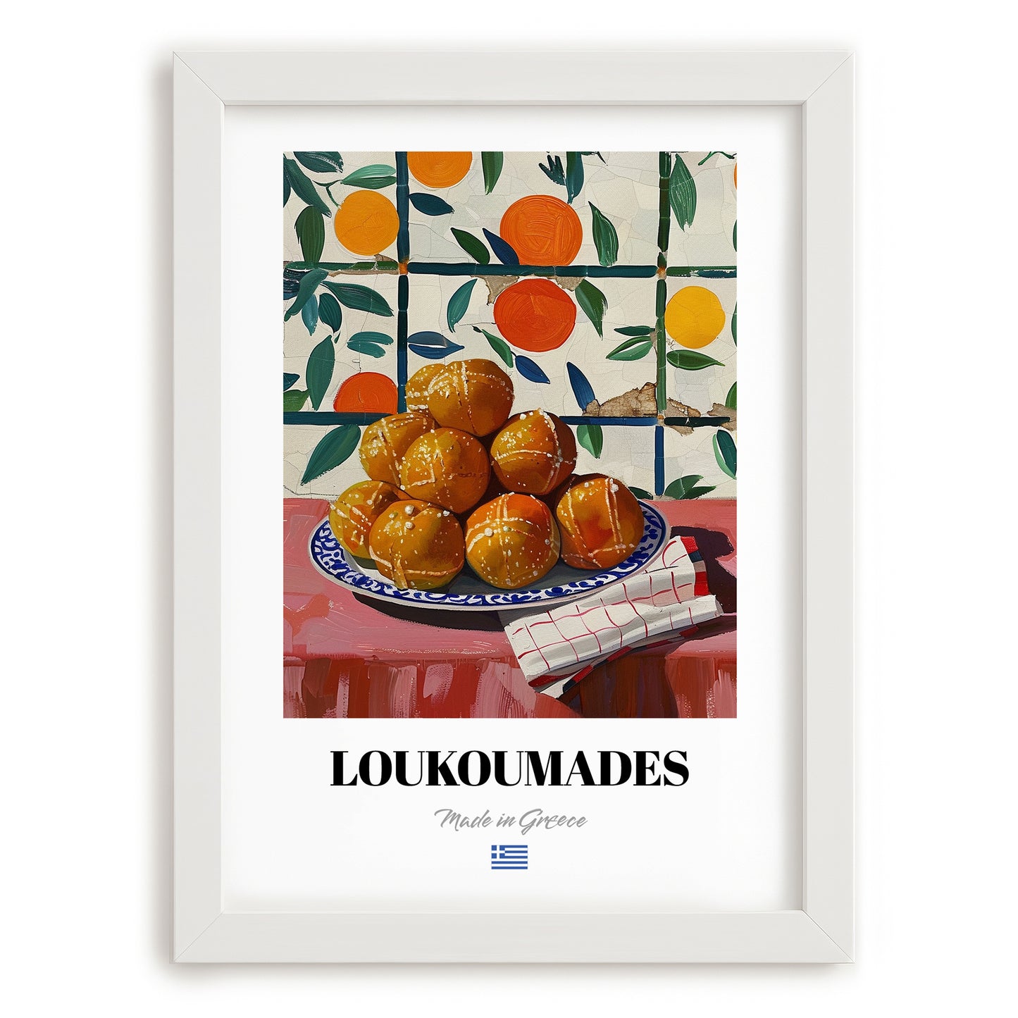 Loukoumades – Oil Painting, Greek Dessert Still Life, placed in minimal white frame