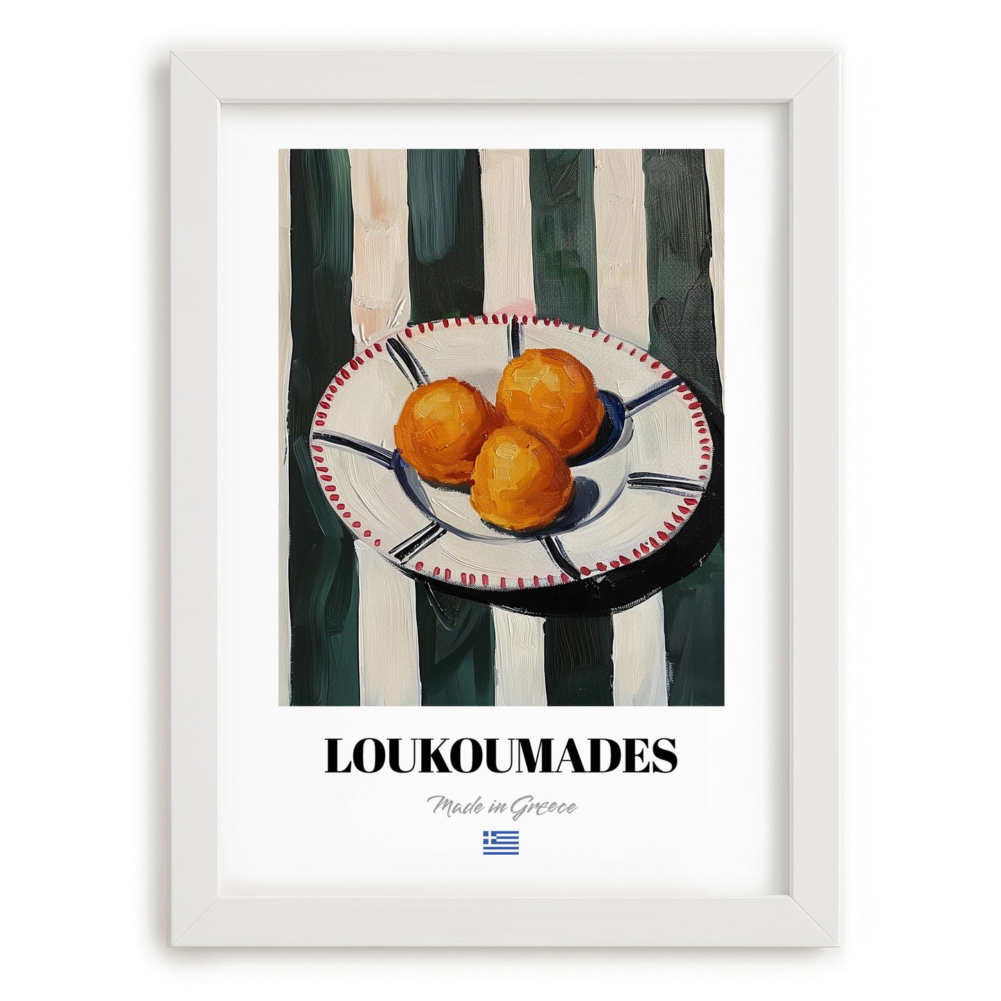 Loukoumades – on Striped Tablecloth, Greek Dessert Poster, placed in minimal white frame