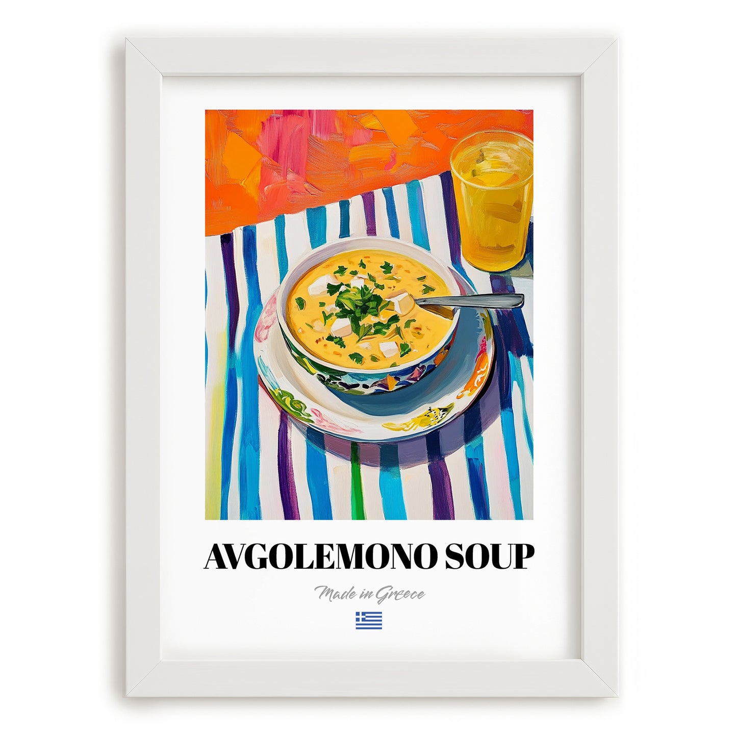 Avgolemono Soup – Colorful Oil Painting, Greek Food Still Life, placed in minimal white frame