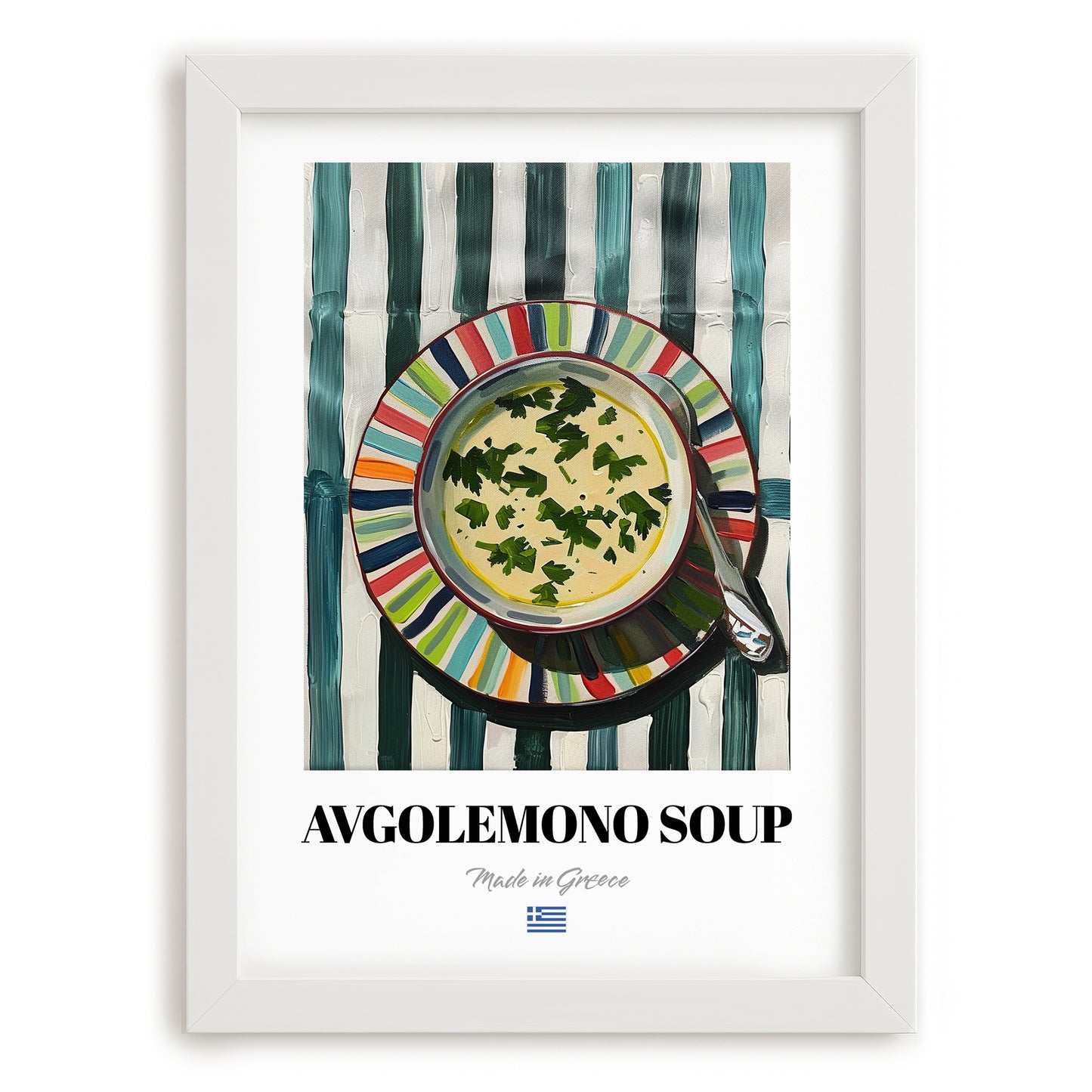 Avgolemono Soup – on Striped Tablecloth, Greek Food Wall Decor, placed in minimal white frame