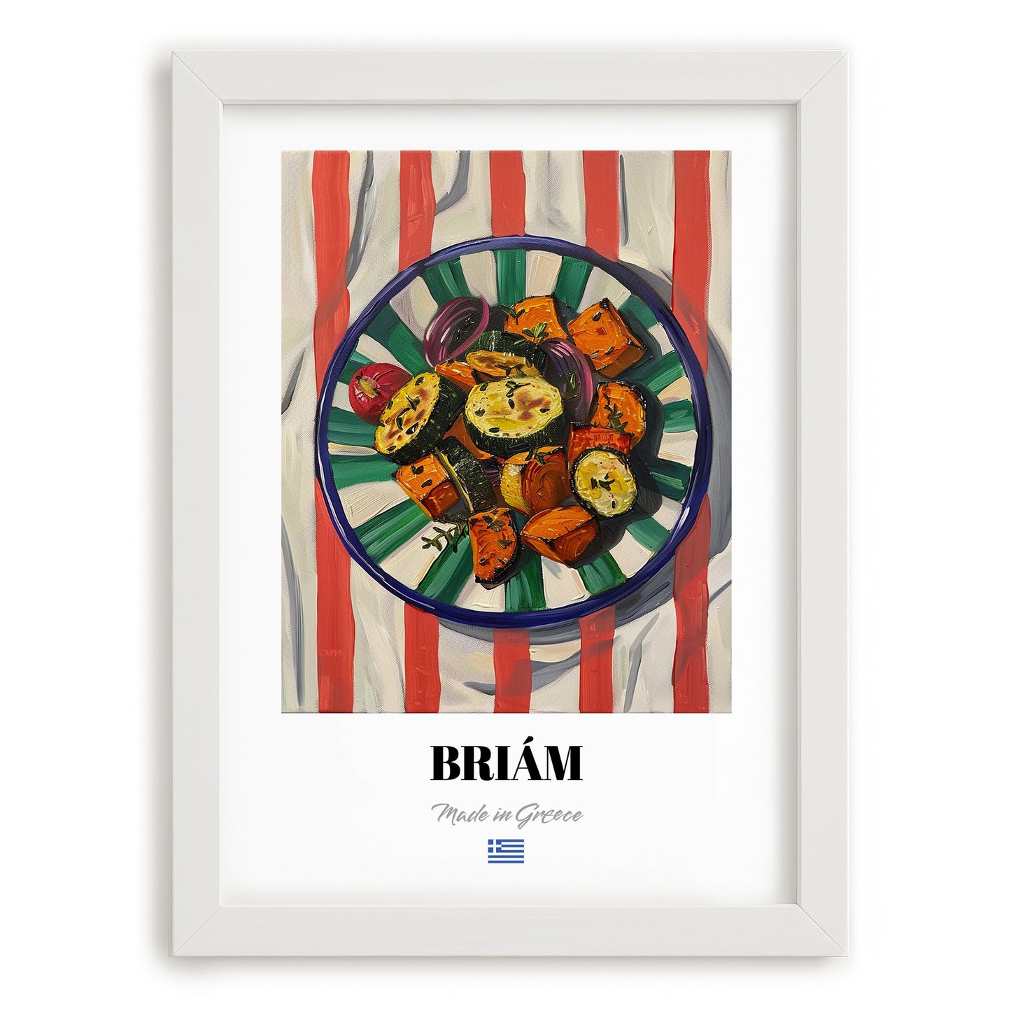 Briám – on Striped Tablecloth, Greek Food Wall Illustration, placed in minimal white frame
