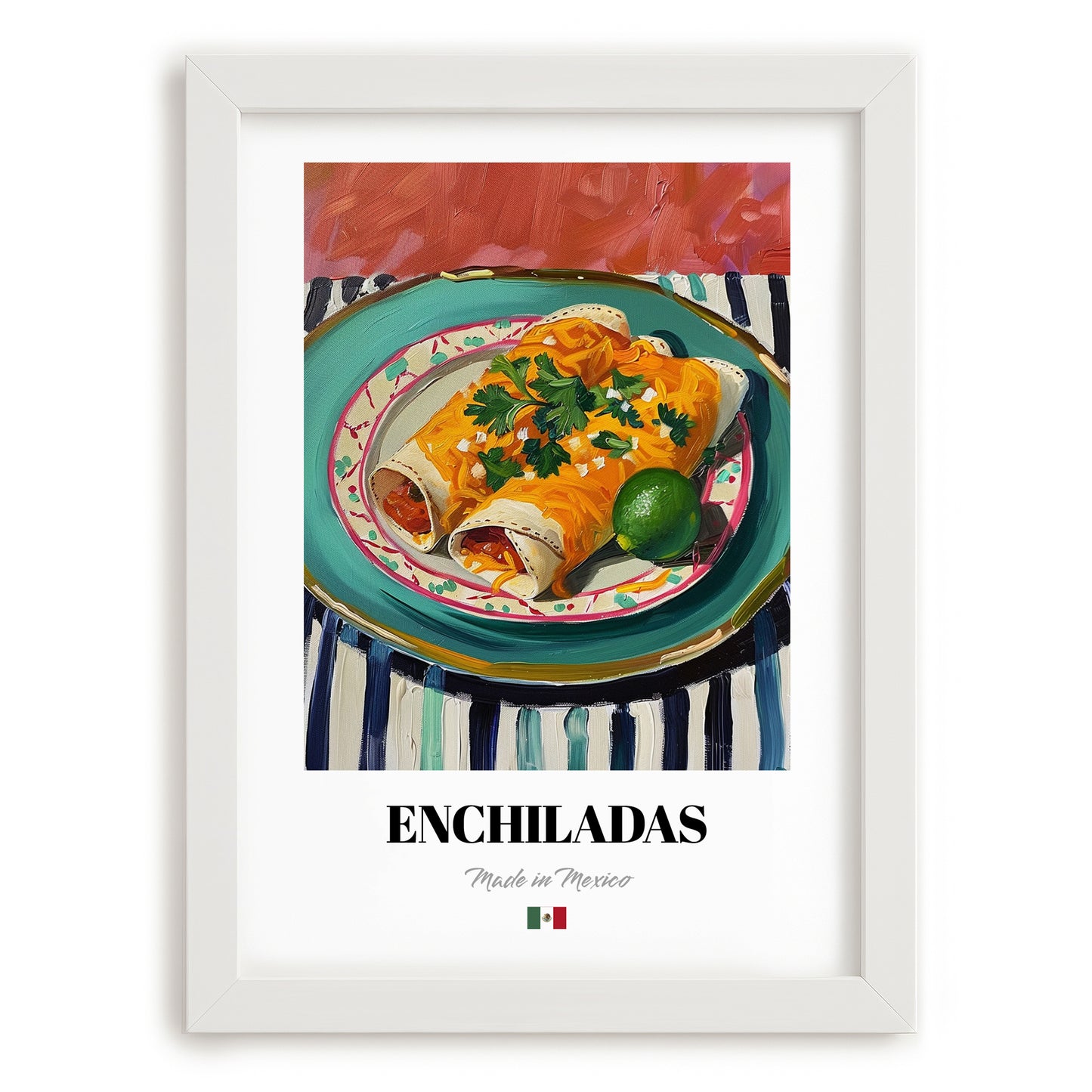 Enchiladas – on Striped Tablecloth, Mexican Food Illustration, placed in minimal white frame