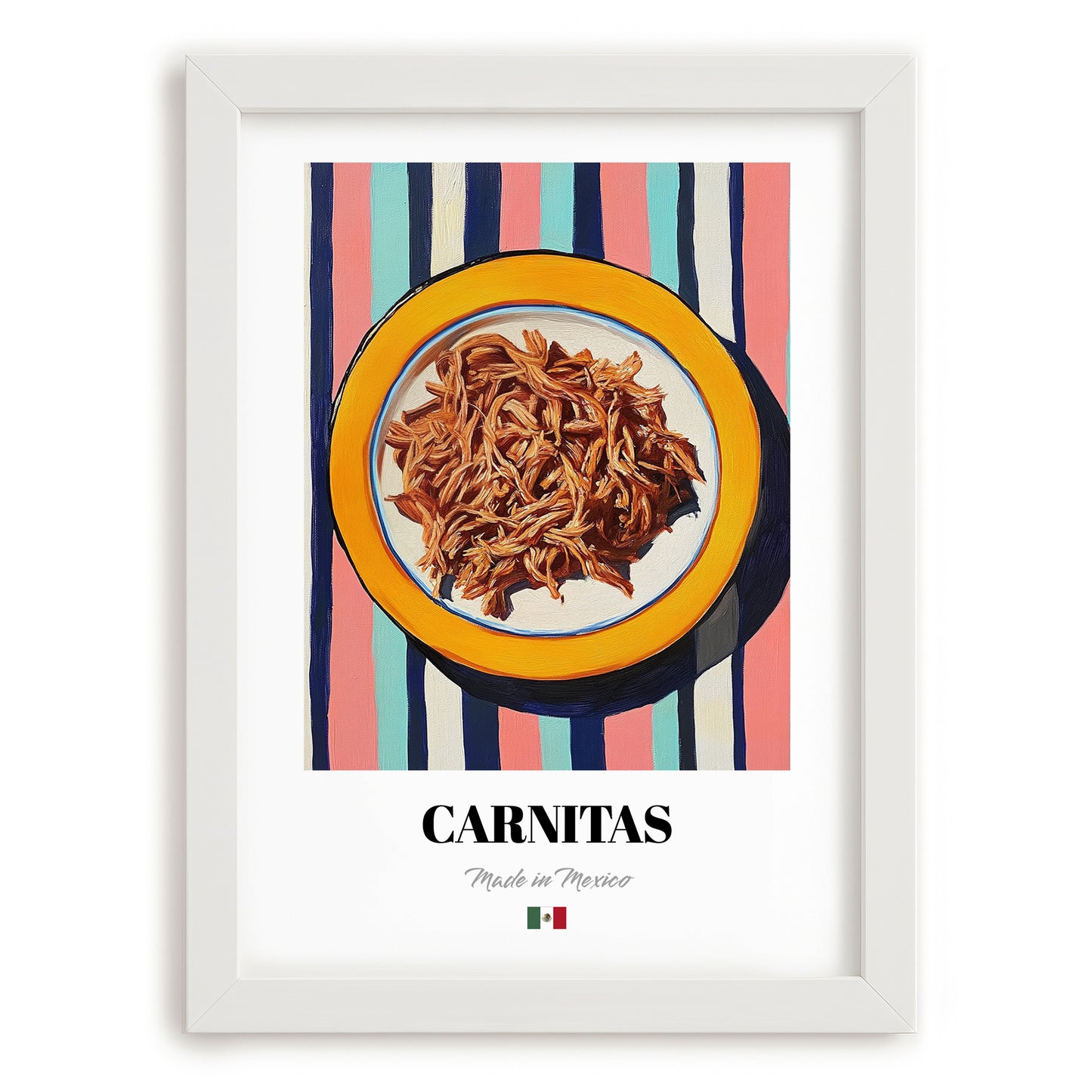 Carnitas – on Striped Tablecloth, Mexican Food Illustration, placed in minimal white frame