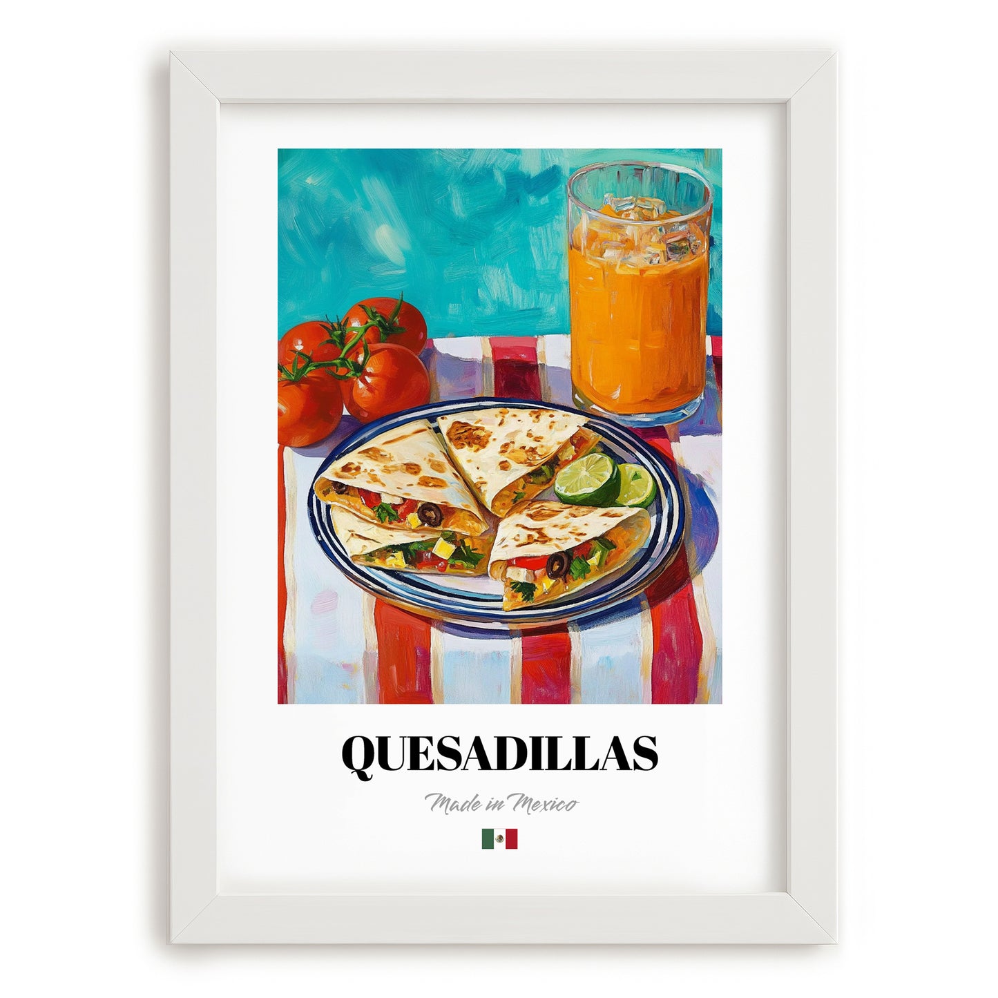 Quesadillas – Colorful Oil Painting, Mexican Cheese Painting, placed in minimal white frame