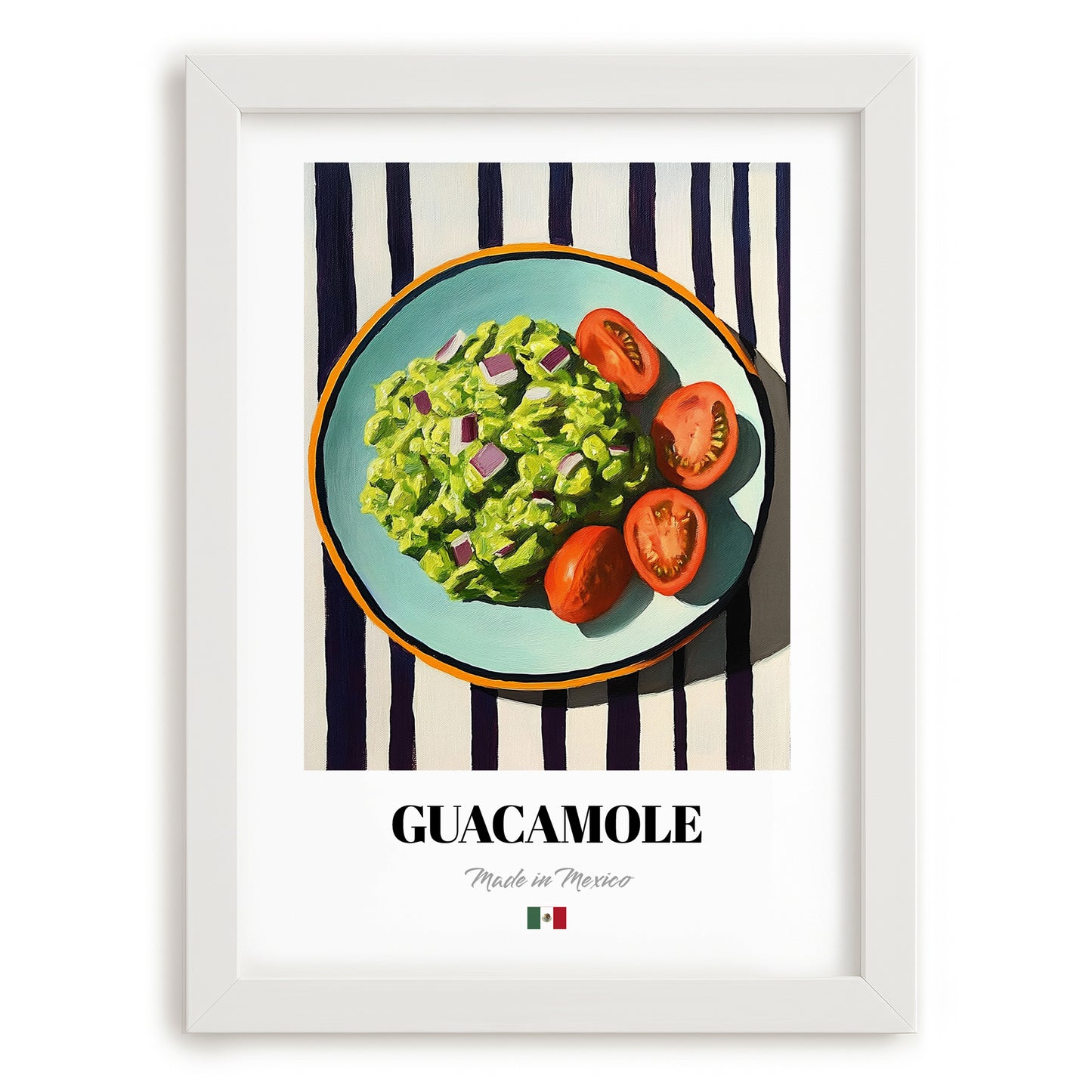 Guacamole – on Striped Tablecloth, Mexican Food Poster, placed in minimal white frame