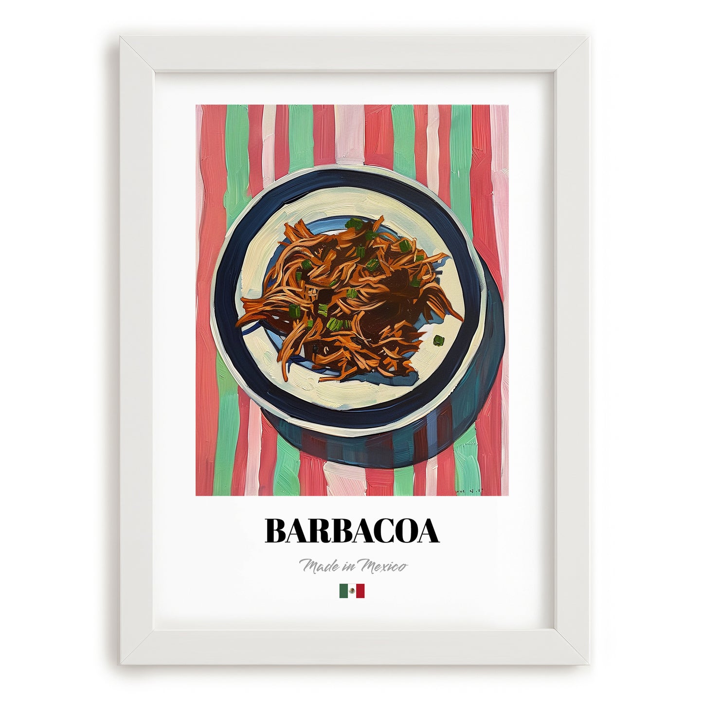 Barbacoa – on Striped Tablecloth, Mexican Bbq Poster, placed in minimal white frame