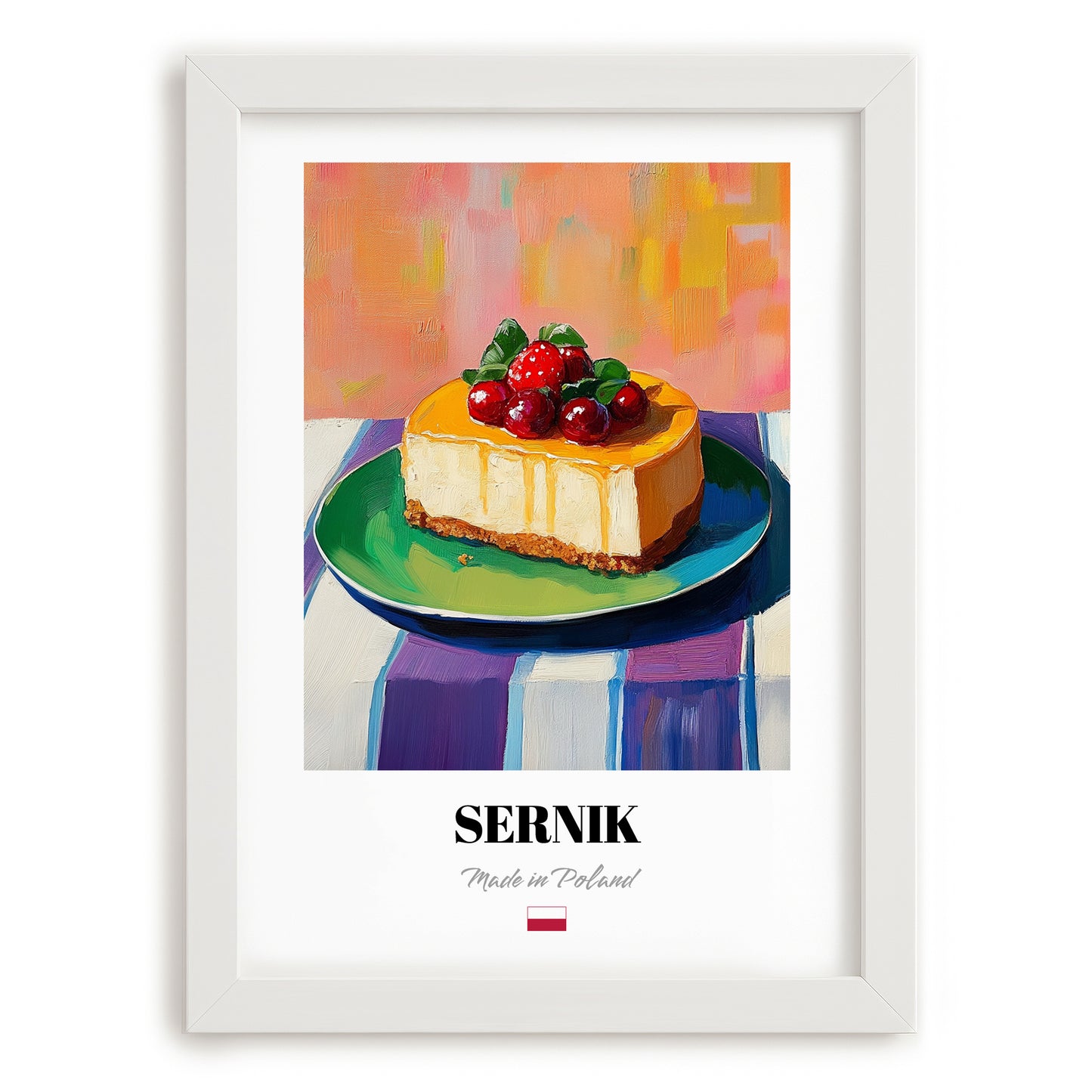 Sernik – Colorful Oil Painting, Polish Dessert Illustration, placed in minimal white frame