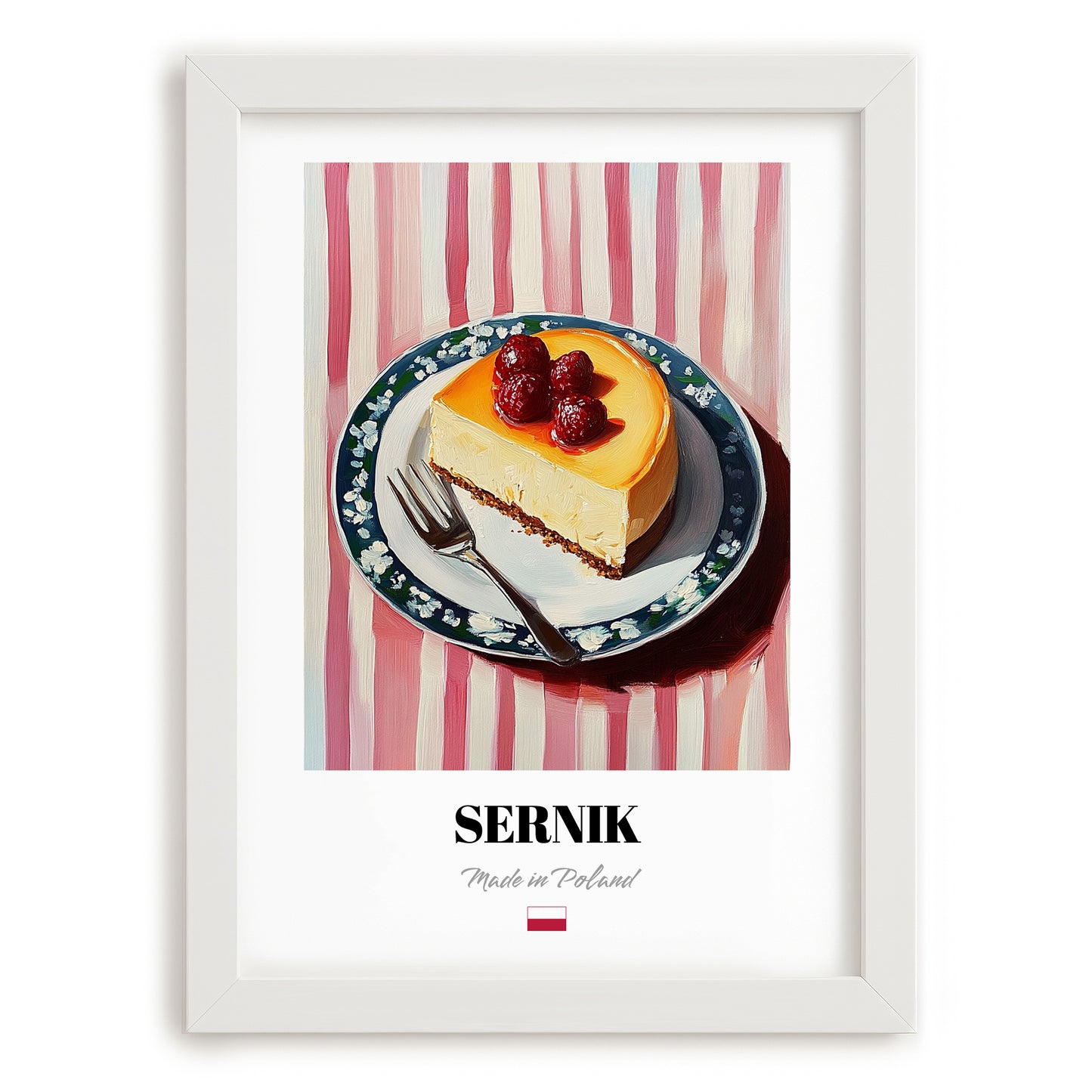 Sernik – on Striped Tablecloth, Polish Dessert Art, placed in minimal white frame