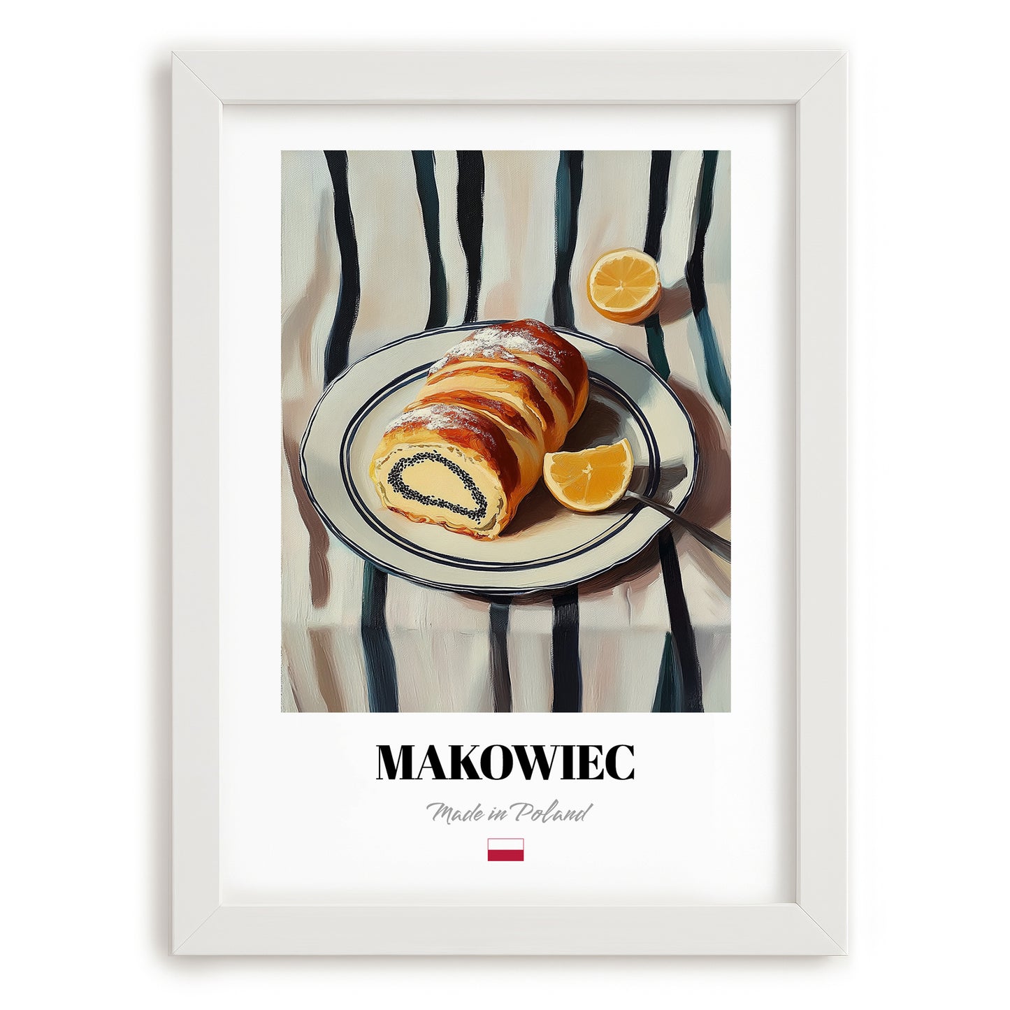 Makowiec – on Striped Tablecloth, Polish Dessert Print, placed in minimal white frame