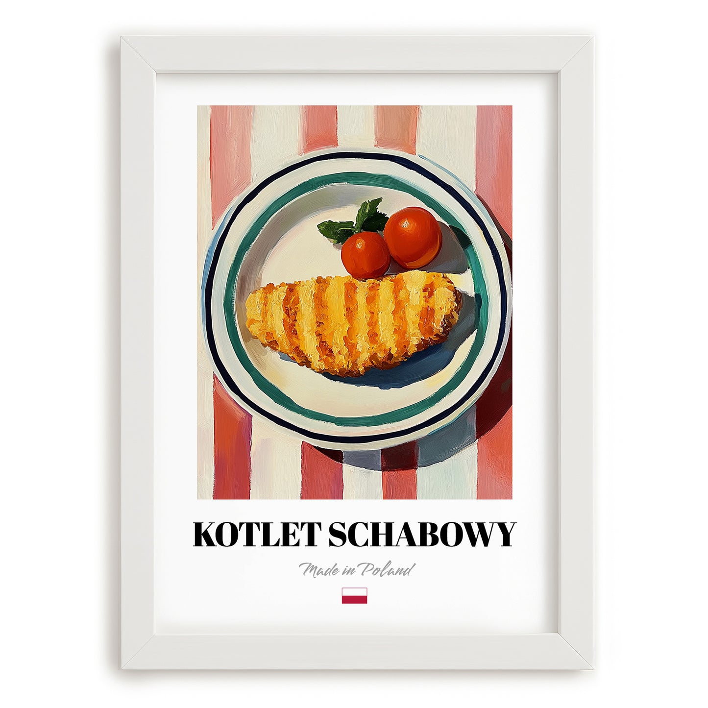 Kotlet Schabowy – on Striped Tablecloth, Polish Food Painting, placed in minimal white frame