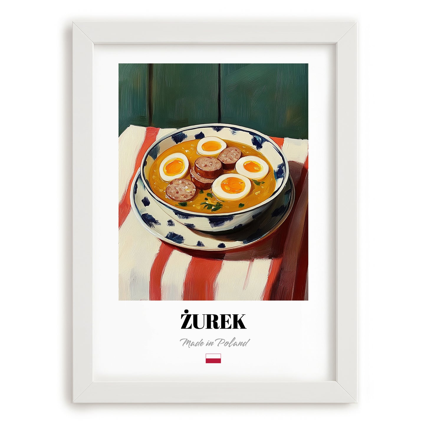 Żurek – on Striped Tablecloth, Polish Food Illustration, placed in minimal white frame