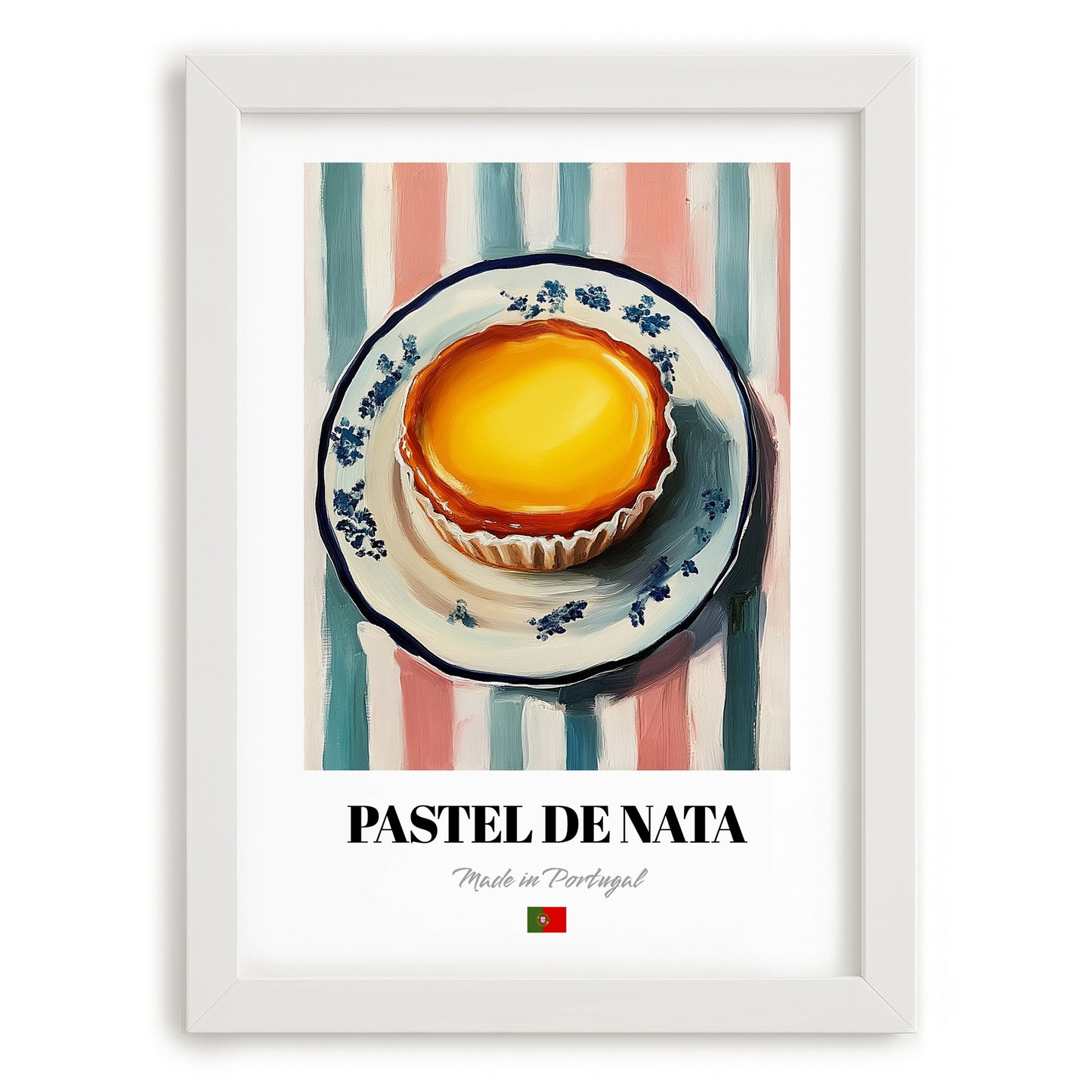 Pastel de Nata – on Striped Tablecloth, Portuguese Dessert Painting, placed in minimal white frame