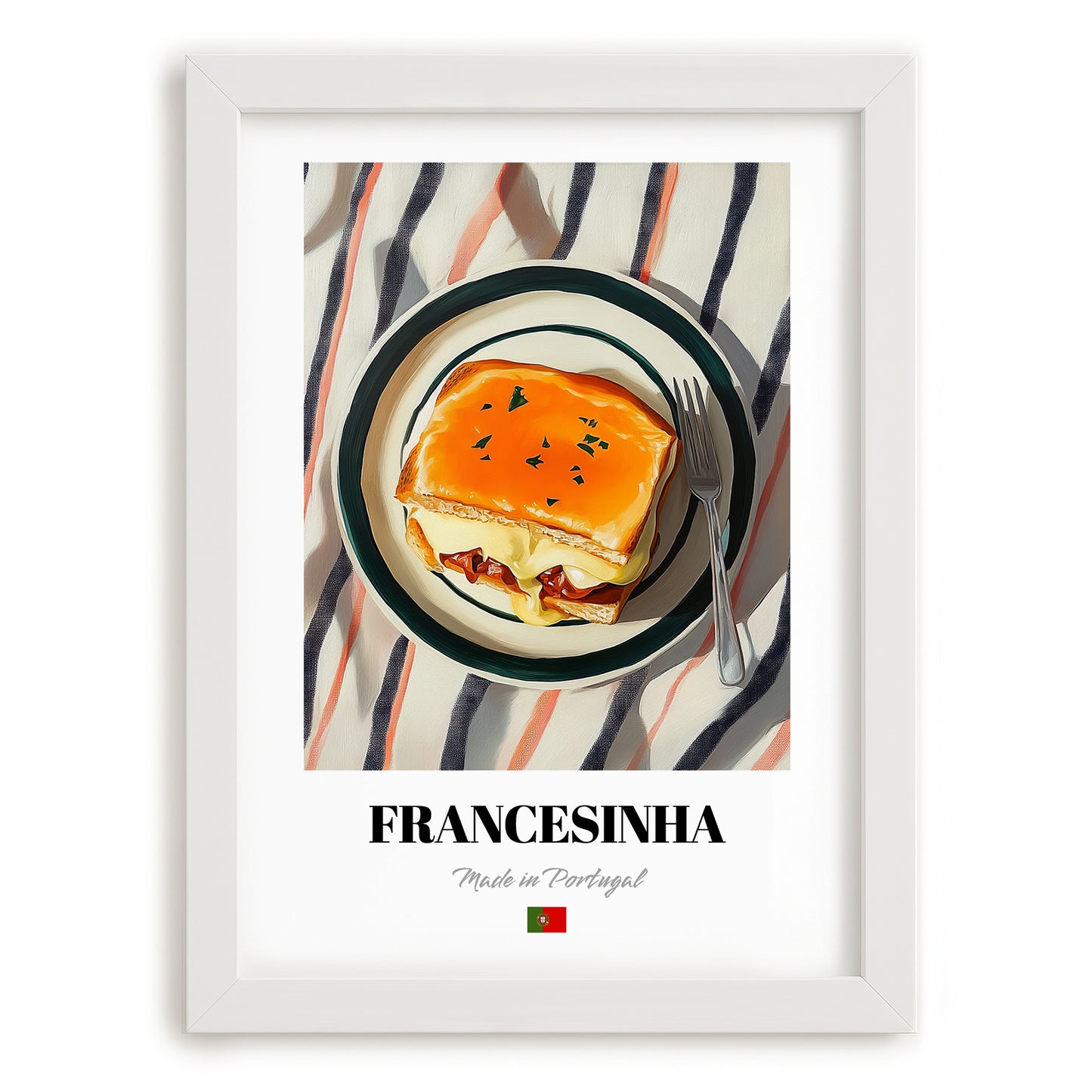 Francesinha – on Striped Tablecloth, Portuguese Food Painting, placed in minimal white frame