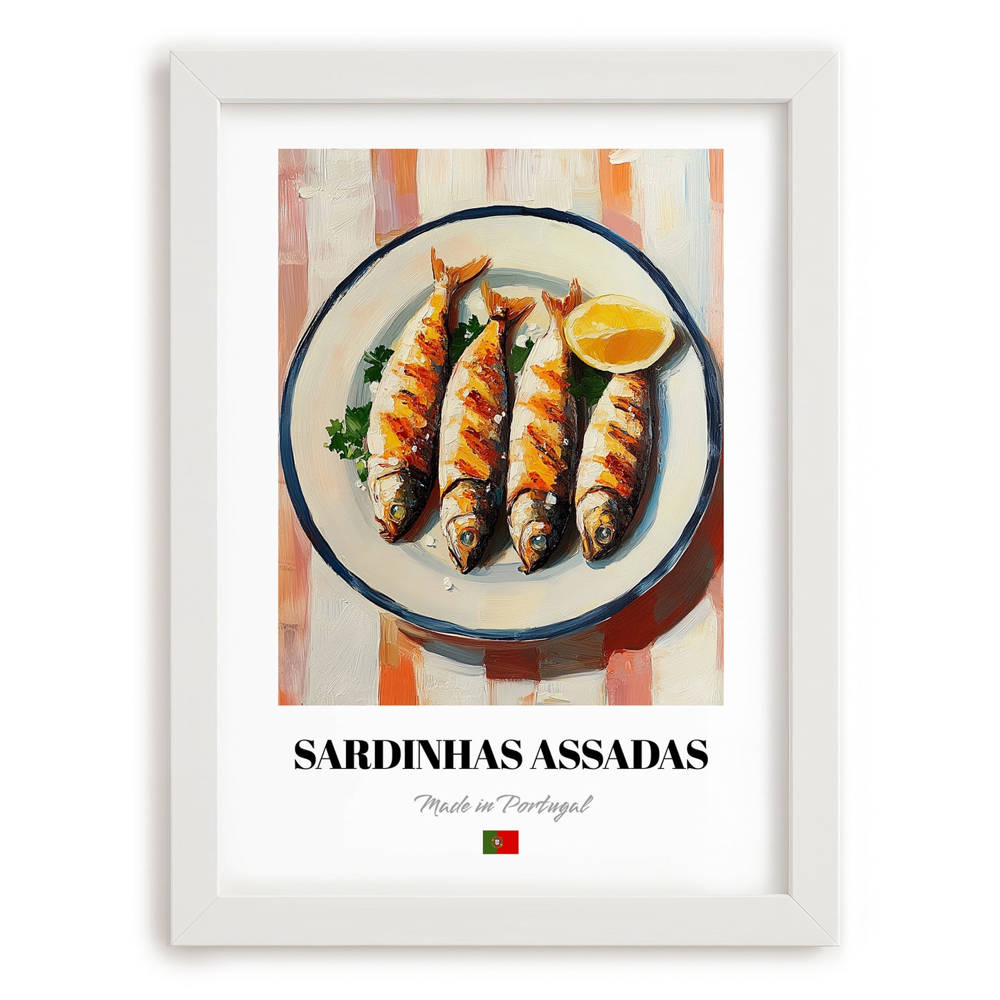 Sardinhas Assadas – on Striped Tablecloth, Portuguese Food Painting, placed in minimal white frame