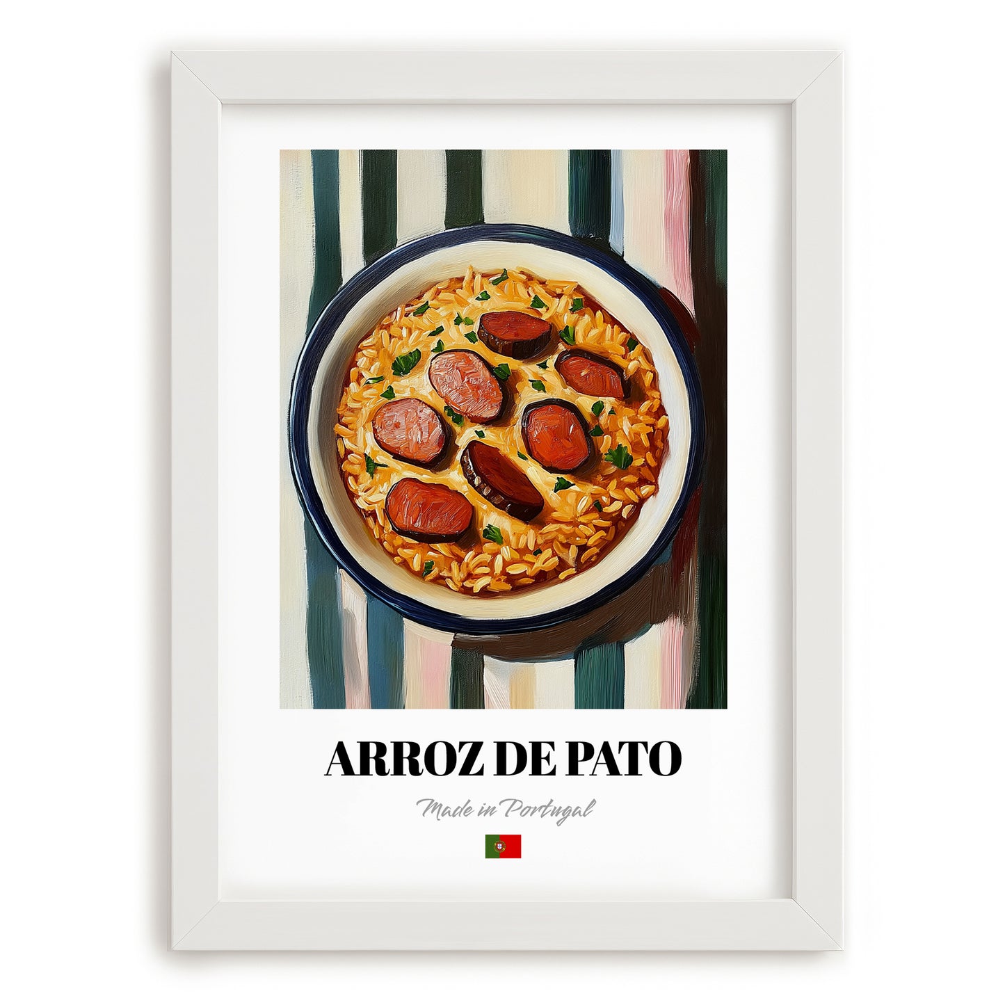 Arroz de Pato – on Striped Tablecloth, Portuguese Food Art, placed in minimal white frame
